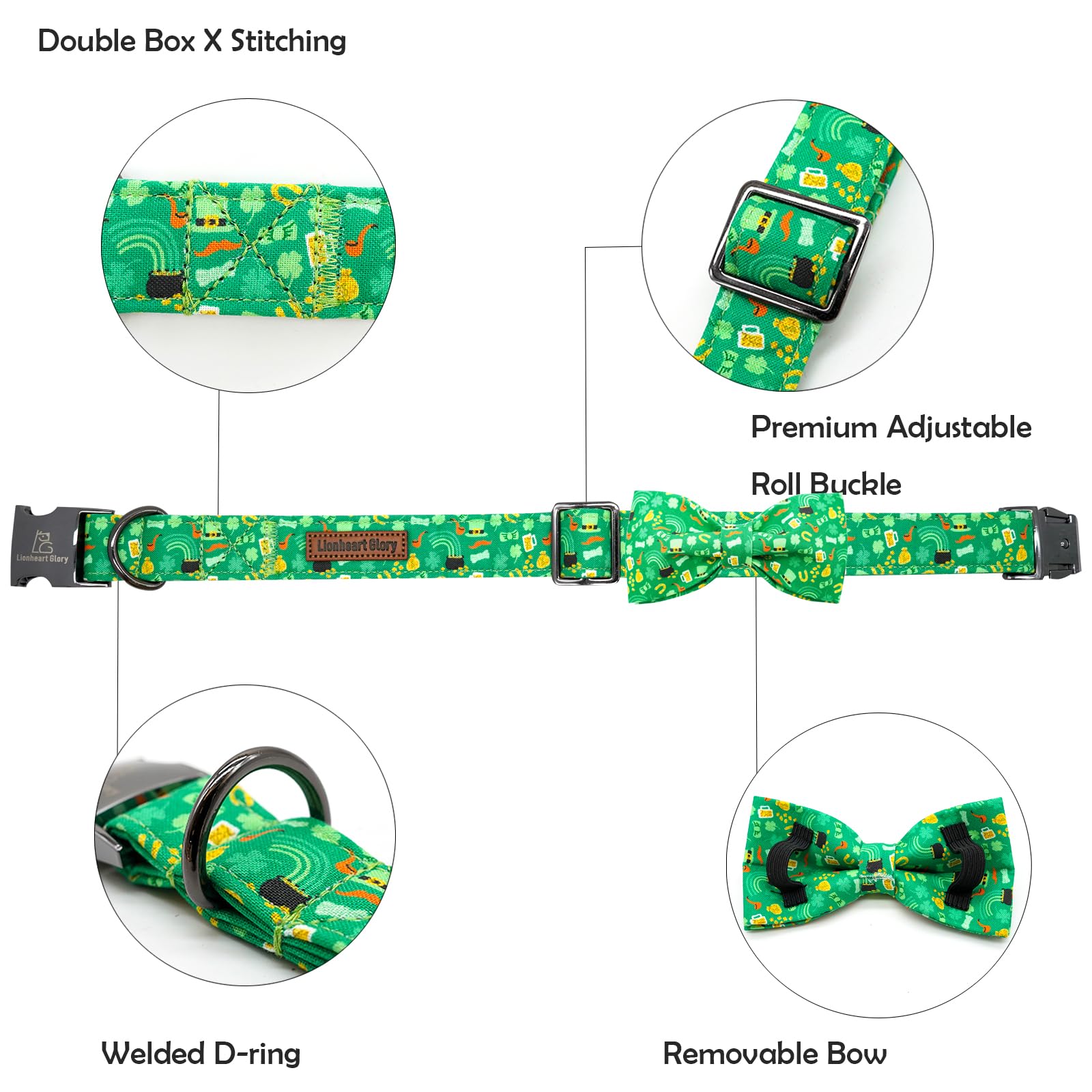 Lionheart Glory Dog Bow Collar St. Patrick'S Day Dog Collar For Medium Dogs, Adjustable Green Collars Lucky Clover Shamrock Dog