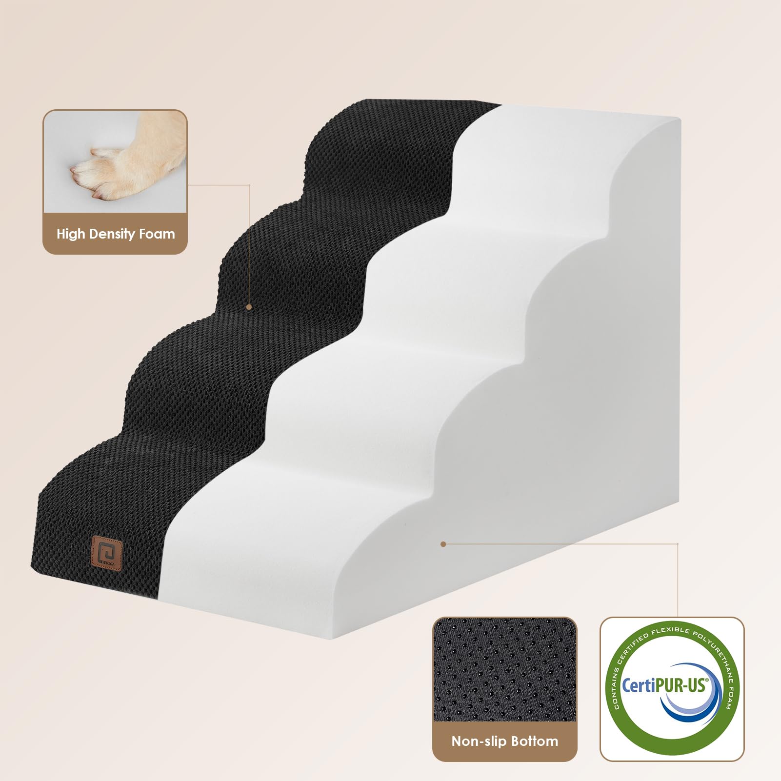 EHEYCIGA 4-Step Curved Dog Stairs Ramp for High Beds, Non-Slip Fleece, 19.7" H, Black, Model ECUS24PPT10FB01