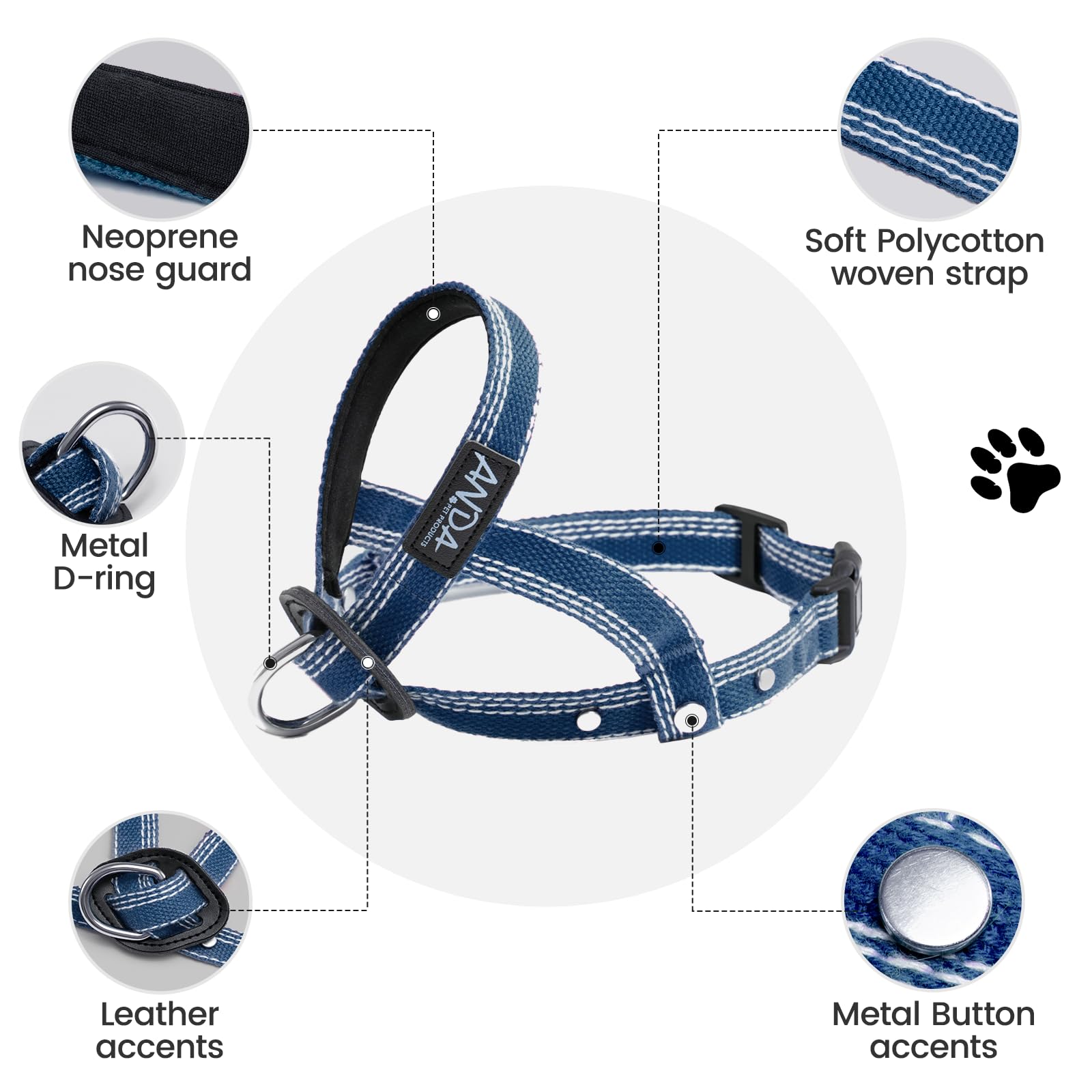 ANDA Ultra-Light No-Pull Gentle Leader for Dogs Headcollar: Adjustable, Breathable Comfort, Prevents Explosive Rushes, Ideal for