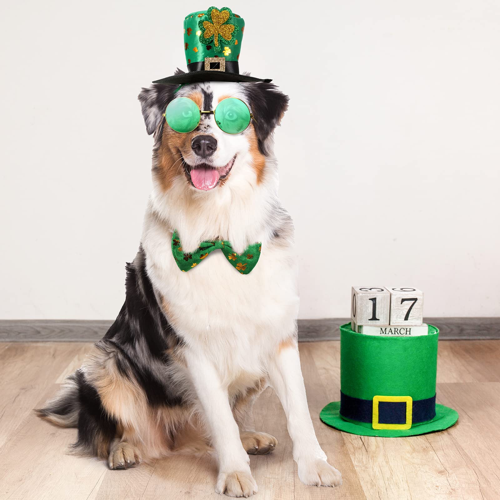 Yaomiao 3 Pcs St Patrick'S Day Dog Costume, St. Patty'S Day Doggie Headband Green Round Pet Sunglasses And Green Shamrock Bow Ti