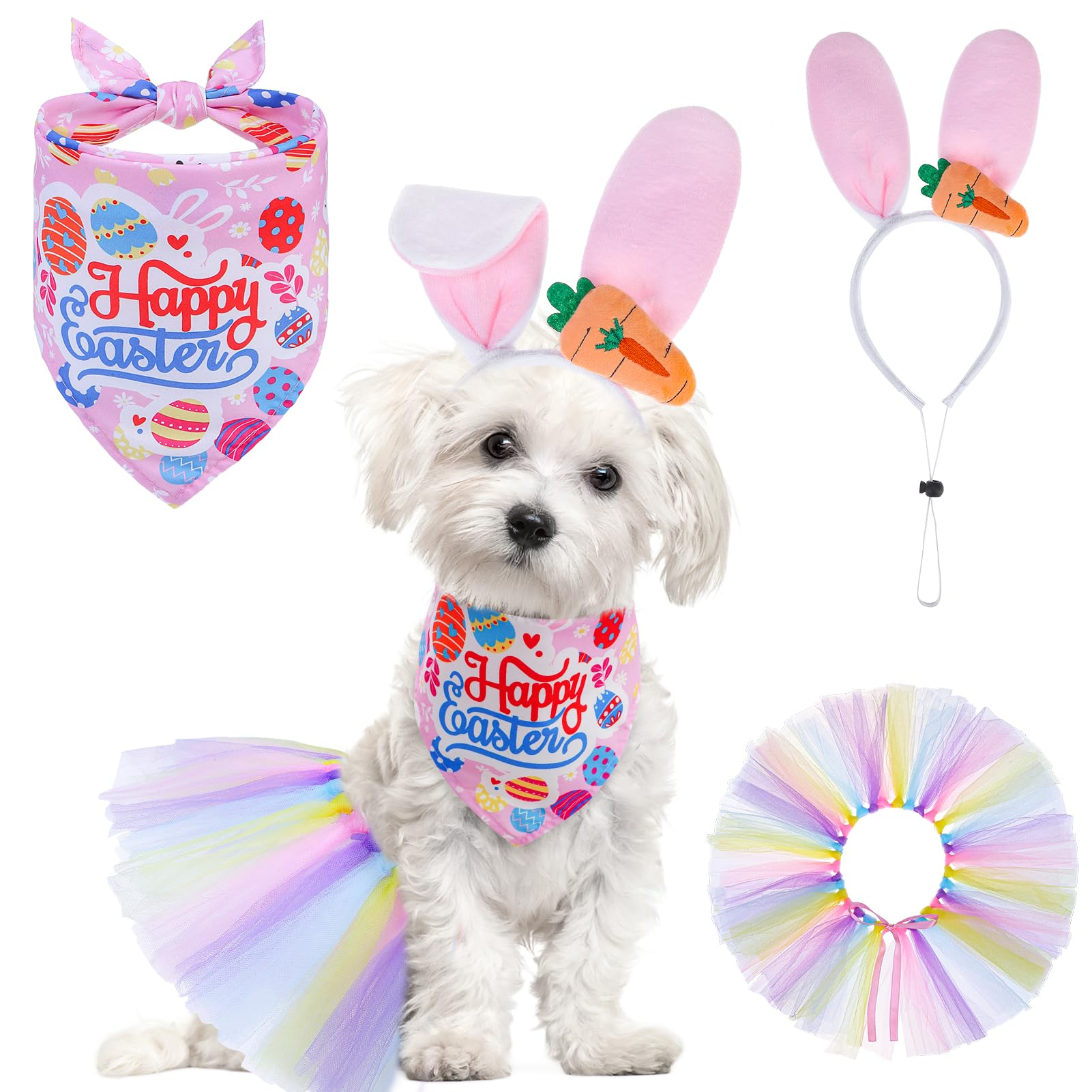 Scenereal Easter Dog Bandana Outfit With Cute Bunny Ears Headband And Tutu Dress, Puppy Holiday Costume Accessory, Pink Eggs Rab
