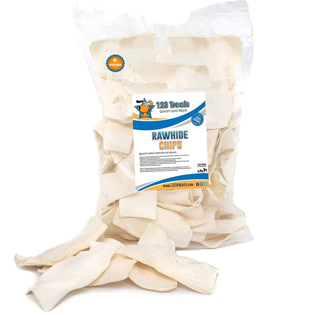 123 Treats Rawhide Dog Chips, Premium Rawhide Dog Chews, Natural Grass Fed Livestock With No Hormones, Additives Or Chemicals, Tasty Long Lasting Chews For Dogs, Improve Oral Health, 6 Lbs