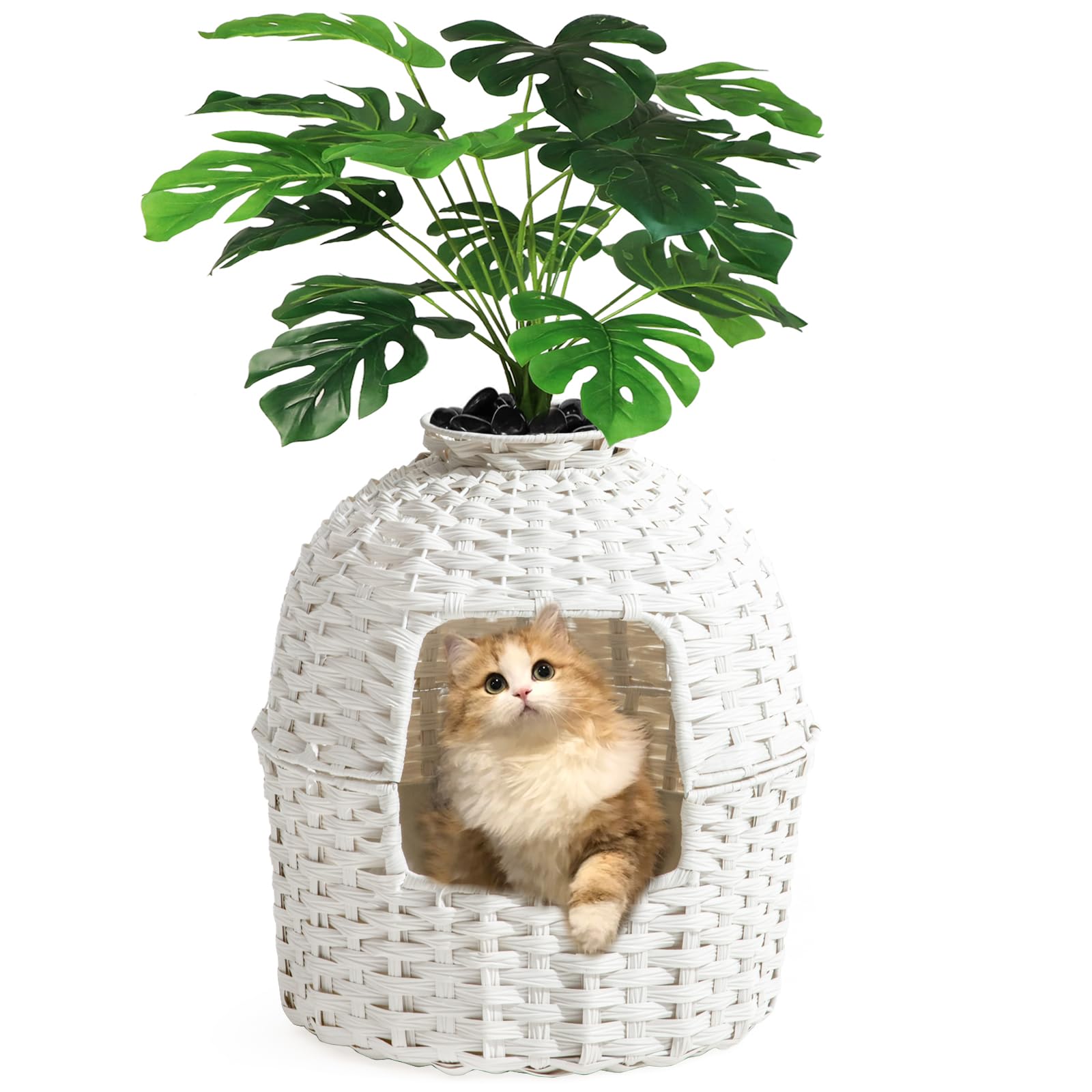 Setvson Cat Litter Box Plant Enclosure, Hidden Handwoven Rattan With Cat Litter Box Furniture And Artificial Plants, Odor Contro