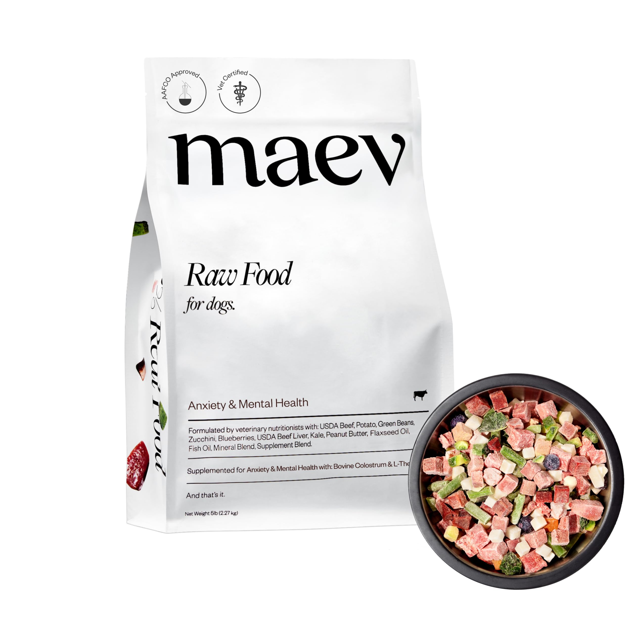 Maev Human-Grade Fresh-Frozen Beef Dog Food, Anxiety & Calming Formula | High-Protein, Grain-Free, Whole Ingredient Raw Food for