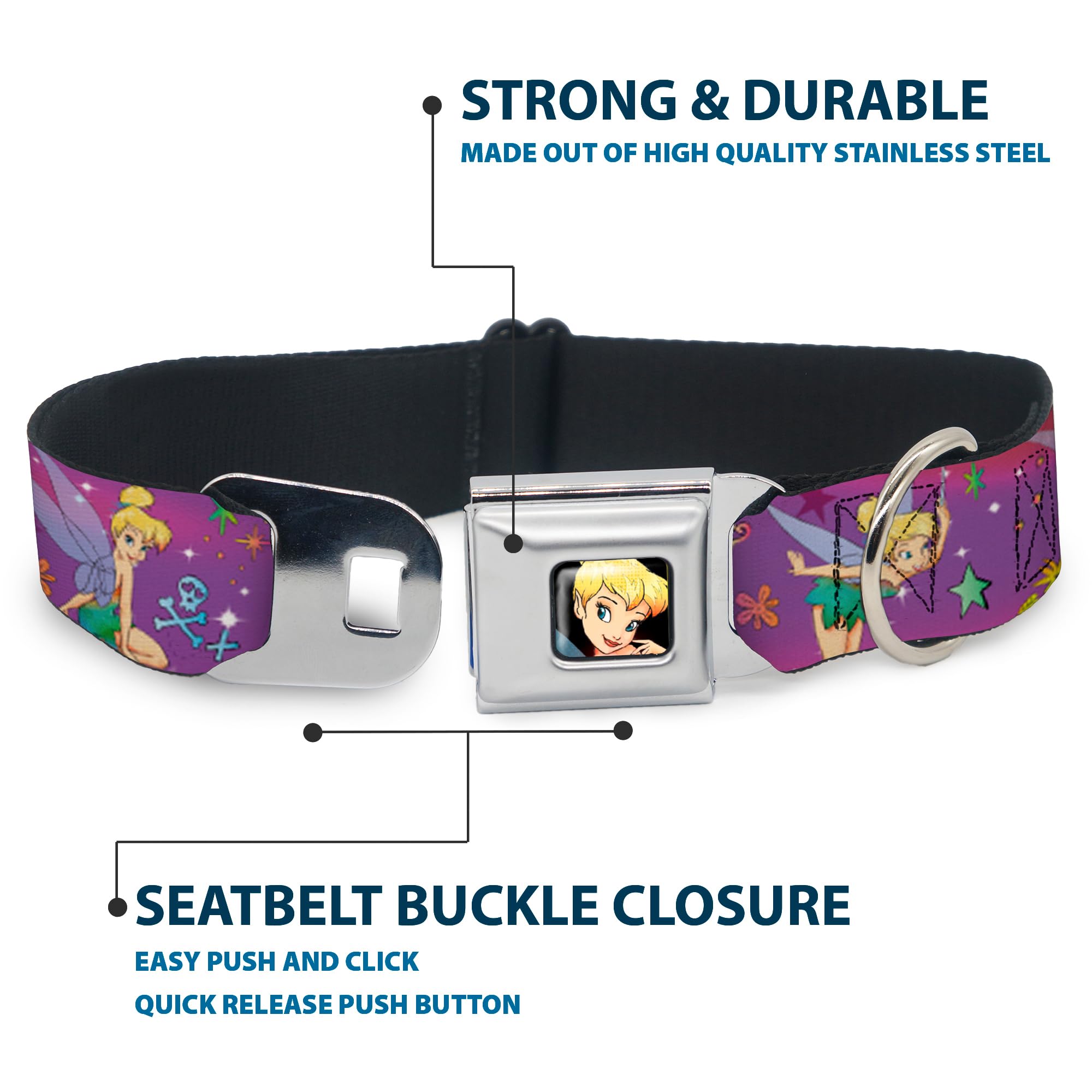 Buckle-Down Seatbelt Buckle Dog Collar - Tinker Bell Poses/Flowers/Stars/Skull Purple - 1'' Wide - Fits 11-17'' Neck - Medium