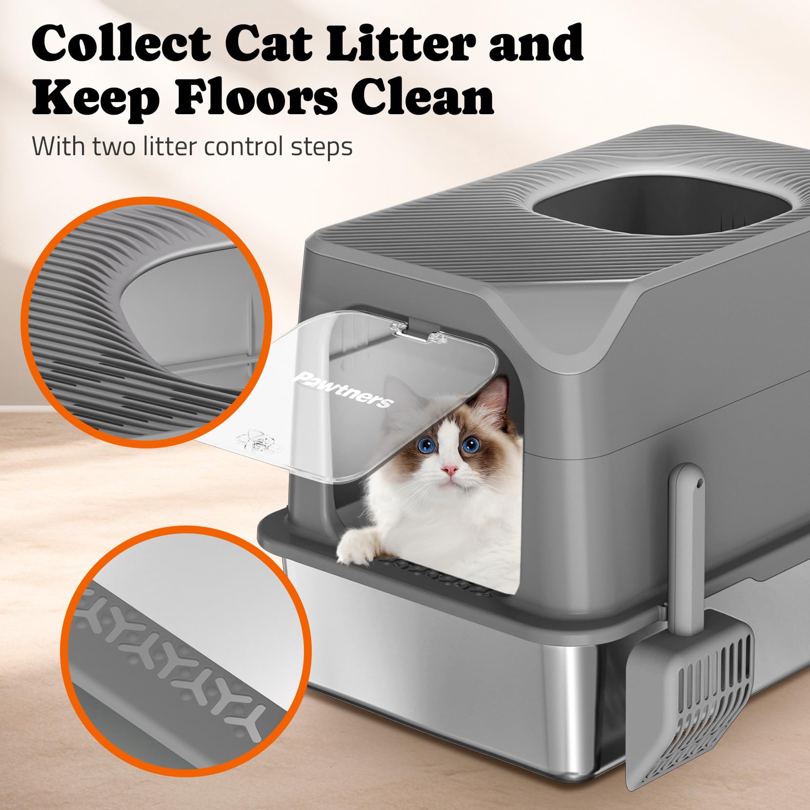 Pawtners Stainless Steel Cat Litter Box, Xl Extra Large Kitty Litter Pan, Front Entry Top Exit Hooded Metal Cat Toilet For Odor