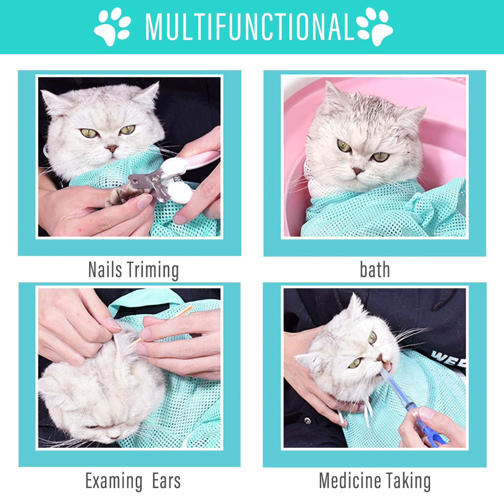 2 Pieces Cat Bathing Bag Cat Shower Net Bag, Anti-Bite Anti-Scratch Adjustable Breathable Mesh Grooming Carrier Bag For Pets, Bathing, Nail Trimming, Feeding Medicine, Ear Clean (Gray-Blue)