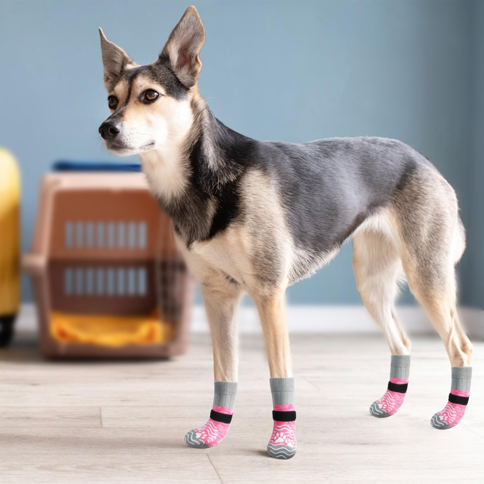 PUPTECK Anti Slip Dog Socks, Shoes with Grippers to Prevent Licking Hardwood Floors Traction, Rubber Boots & Paw Protectors for Small Medium Large Dogs Cold/Hot Pavement, Senior Dogs Booties Pink -Like New
