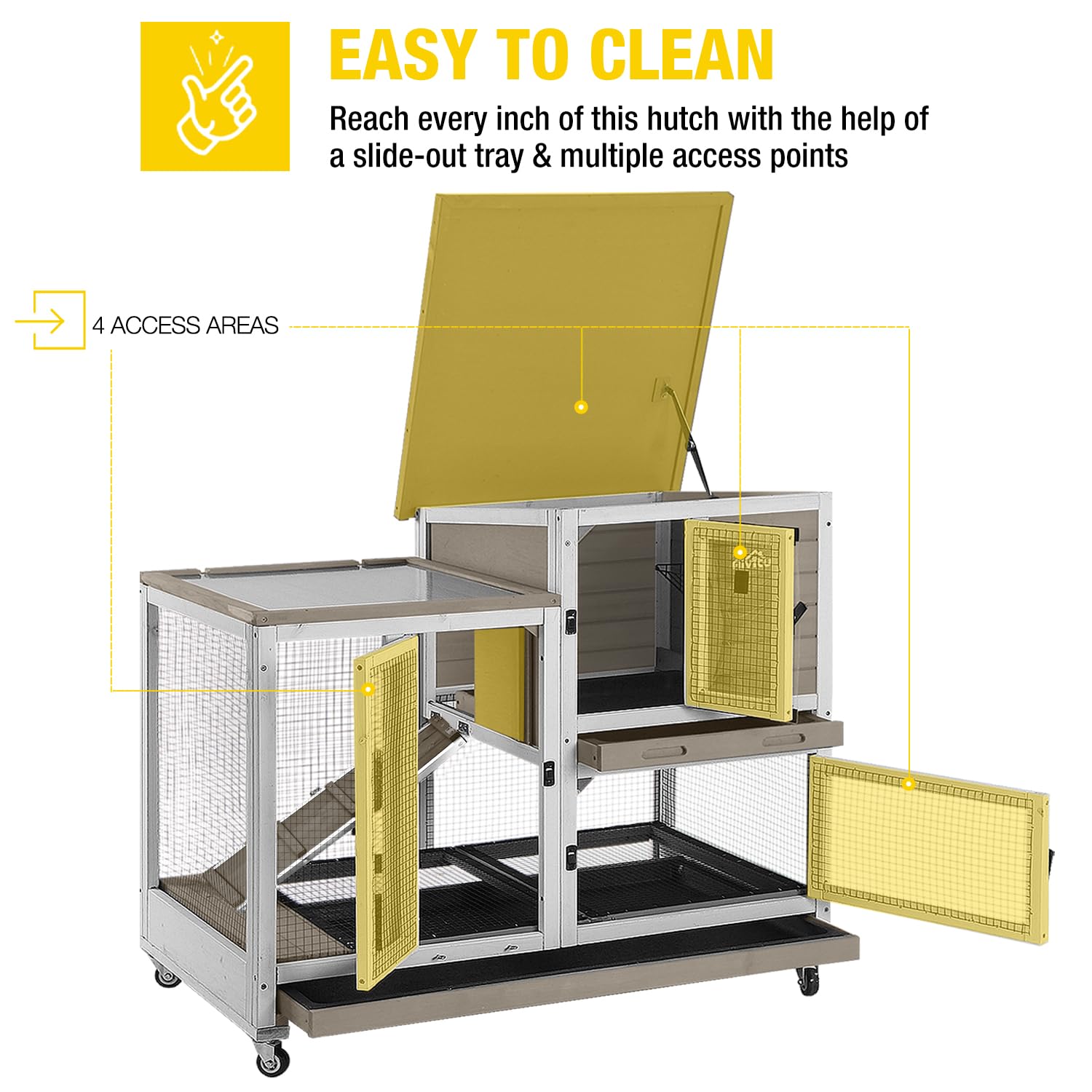 Aivituvin Large Rabbit Hutch With Removable Wire Netting, 2 Deep Trays, 4 Wheels, Sliding Door, And Extra Access Door - Mocca Co