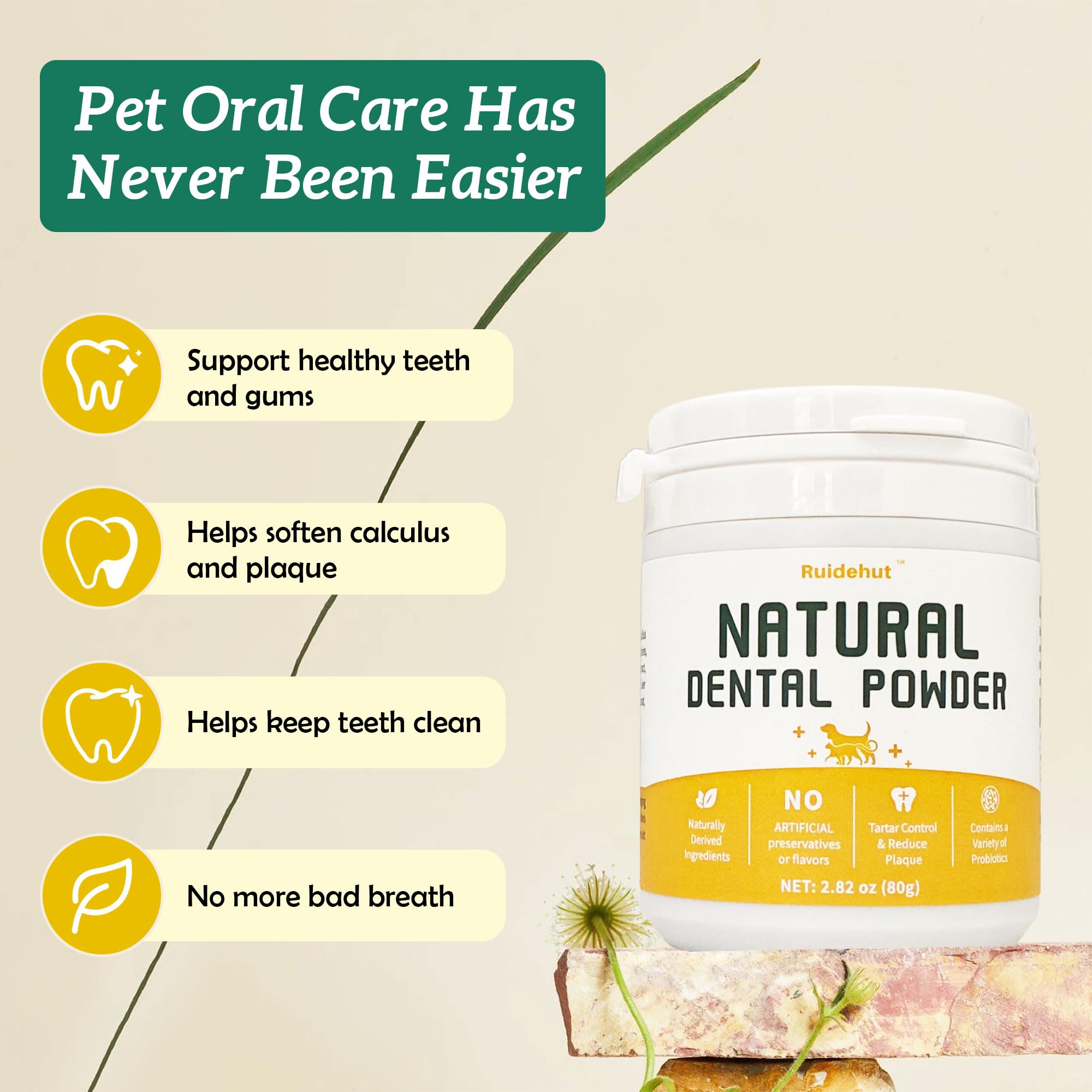 Ruidehut Senior Dog Dental Supplement Powder - Tartar Removal, Joint & Digestive Support, 2.82 oz, White/Yellow, Model JYF-TY807