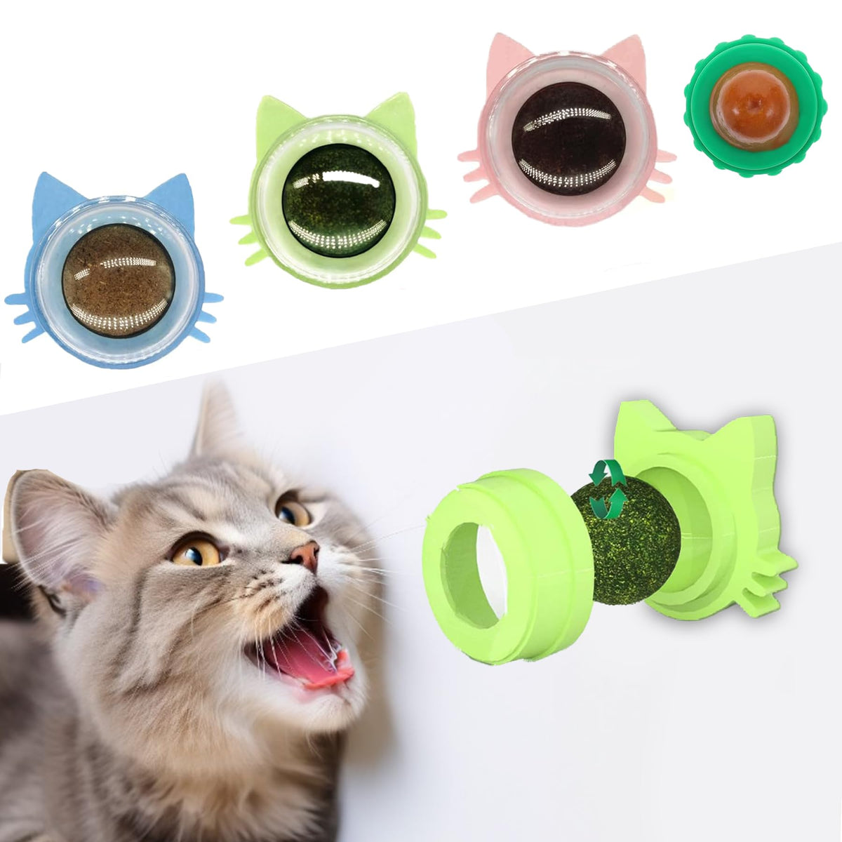 Grembeb 4Pcs Cat Catnip Toys, Cat Toys 4 Flavors Silvervine Ball On Wall, Kitten Chew Treat For Cleaning Teeth, Kitty Dental Lic