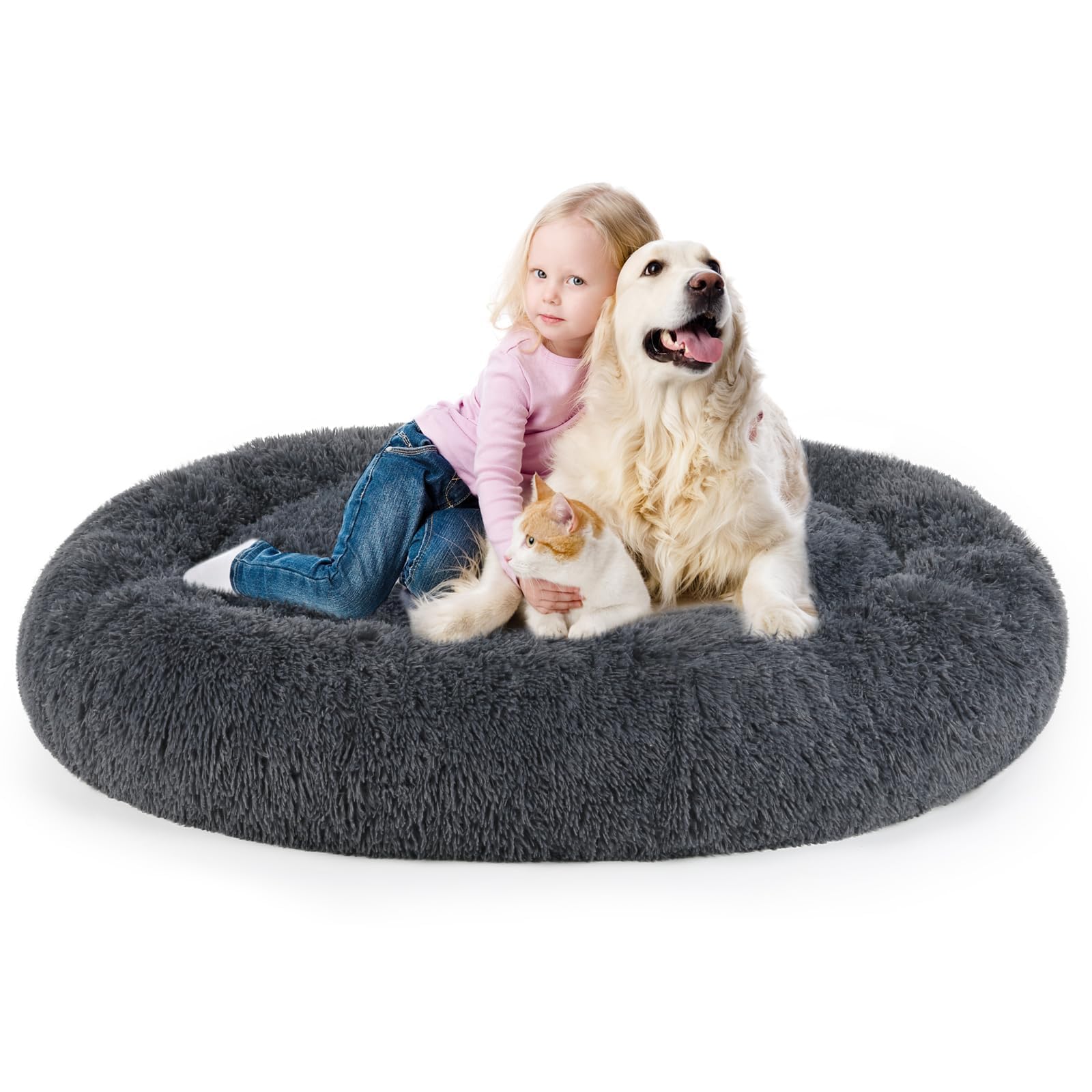 Dog Bed, Cat Calming Bed, Faux Fur Pillow Pet Donut Cuddler Round Plush Bed For Large Medium Small Dogs And Cats (Dark Grey, 49.