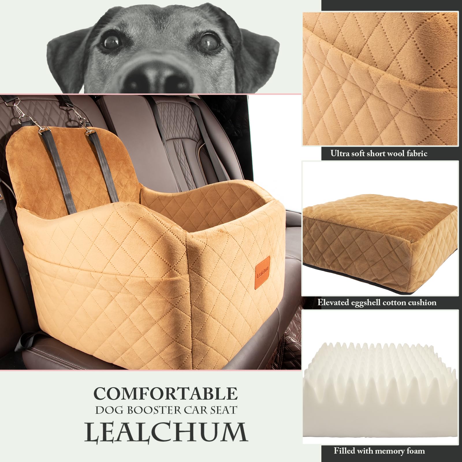 Lealchum Dog Booster Car Seat, Medium Coffee, Ultra Soft Memory Foam, Washable, Anti-Slip Base, Easy to Install, Model LESFT01