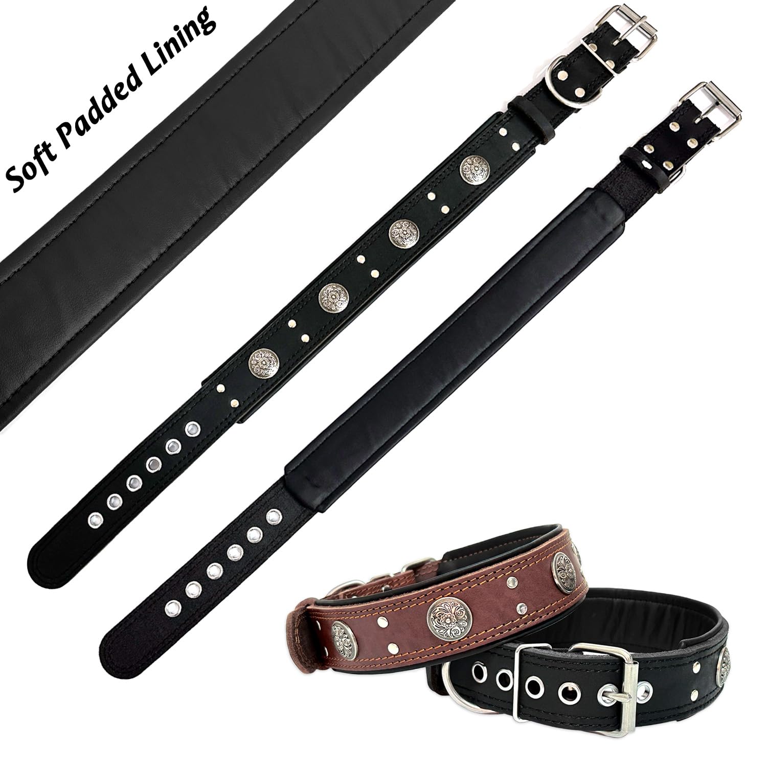 Guiding Star Leather Dog Collar, Heavy Duty 2 Inches Wide, Thick, Luxury Studded, Black, 19.5-23.5 Inches, Medium And Large Dogs