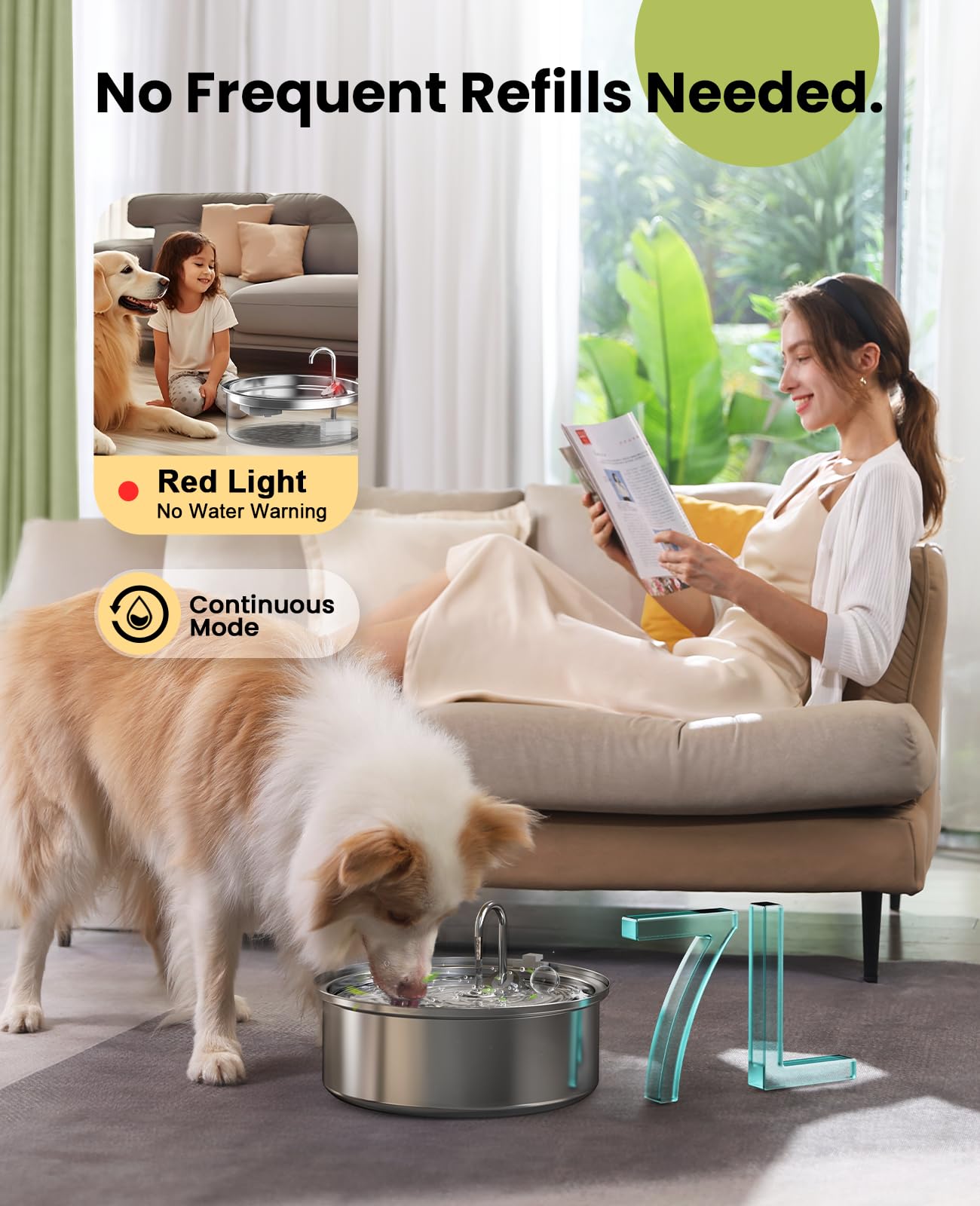 Oneisall Dog Water Fountain For Large Dogs,7L/230Oz/1.8G Stainless Steel Dog Fountain Super Quiet With Triple Filtration,Great For Large Dogs Cats And Multi-Pet Home