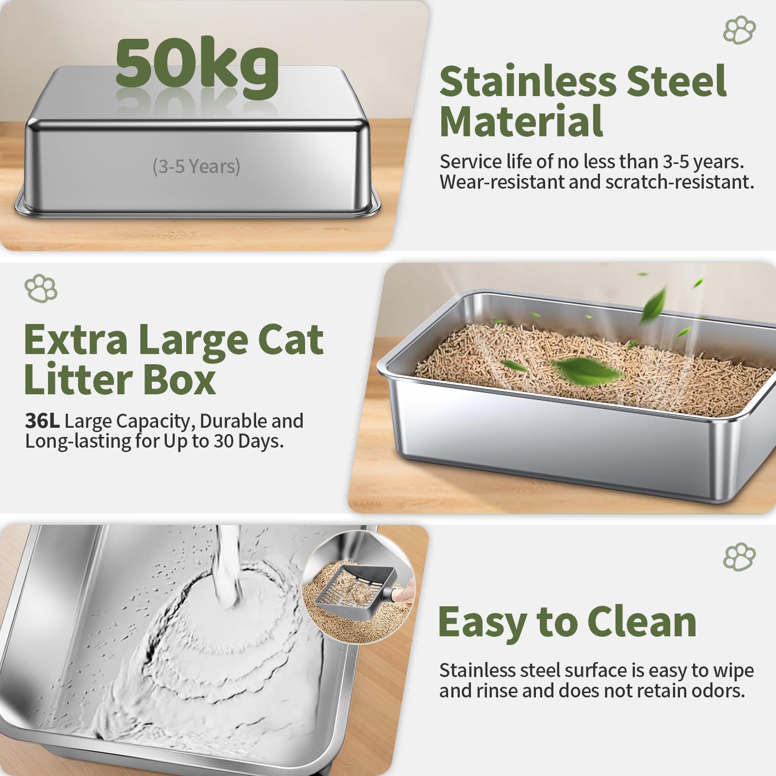 Gimars 3 In 1 High Sided Anti-Leakage Stainless Steel Cat Litter Box With Lid, Extra Large Enclosed Easy Cleaning Litter Box Wit