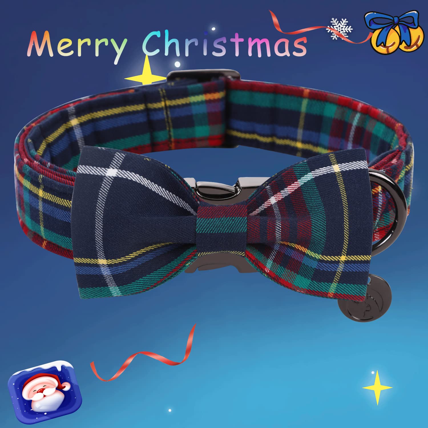 Dogwong Christmas Dog Collar With Bow Tie, Red Blue Plaid Gingham Dog Collar Soft Durable Adjustable Cotton Blue Tartan Puppy Co
