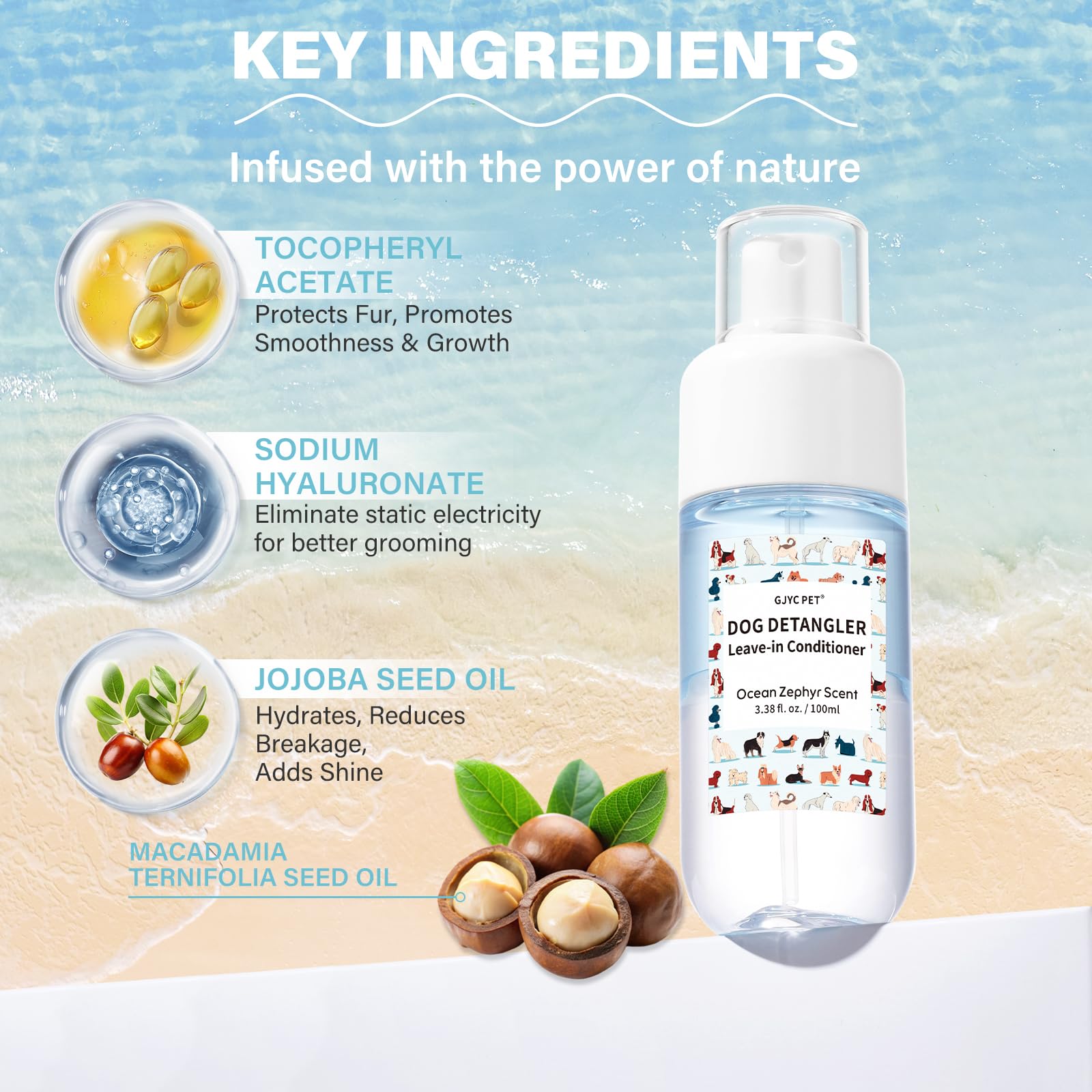Dog Detangler & Dematting Spray - Leave-In Conditioner, Ocean Zephyr Scent | Jojoba Oil, Macadamia Oil, Sodium Hyaluronate For S