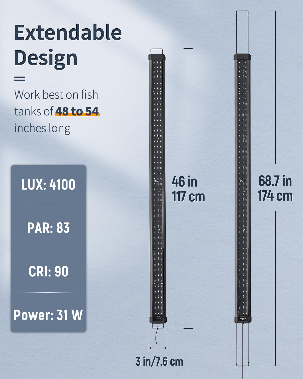 Pawfly 33W Aquarium Led Light For 48 To 54 Inch Extendable Fish Tank Light With Full Spectrum Brilliant White Blue Red Lights Wi