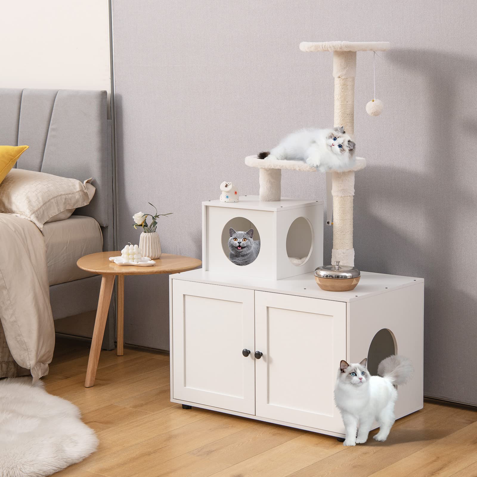 Tangkula 2-In-1 Litter Box Enclosure With Cat Tree Tower, Hidden Washroom With Condo, Plush Perch, Scratching Posts, Furniture W