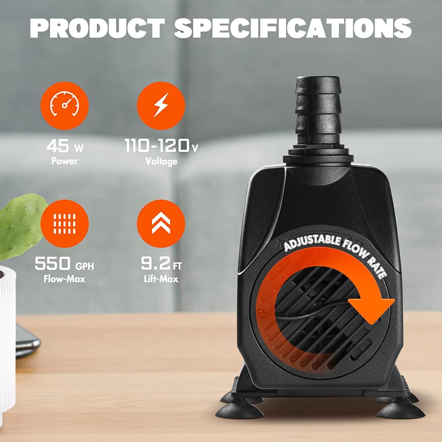 Simple Deluxe 550GPH Submersible Pump (2082L/H, 45W) with 9.2ft High Lift, Fountain Pump with 3 Nozzles for Fish Tank, Pond, Aqu