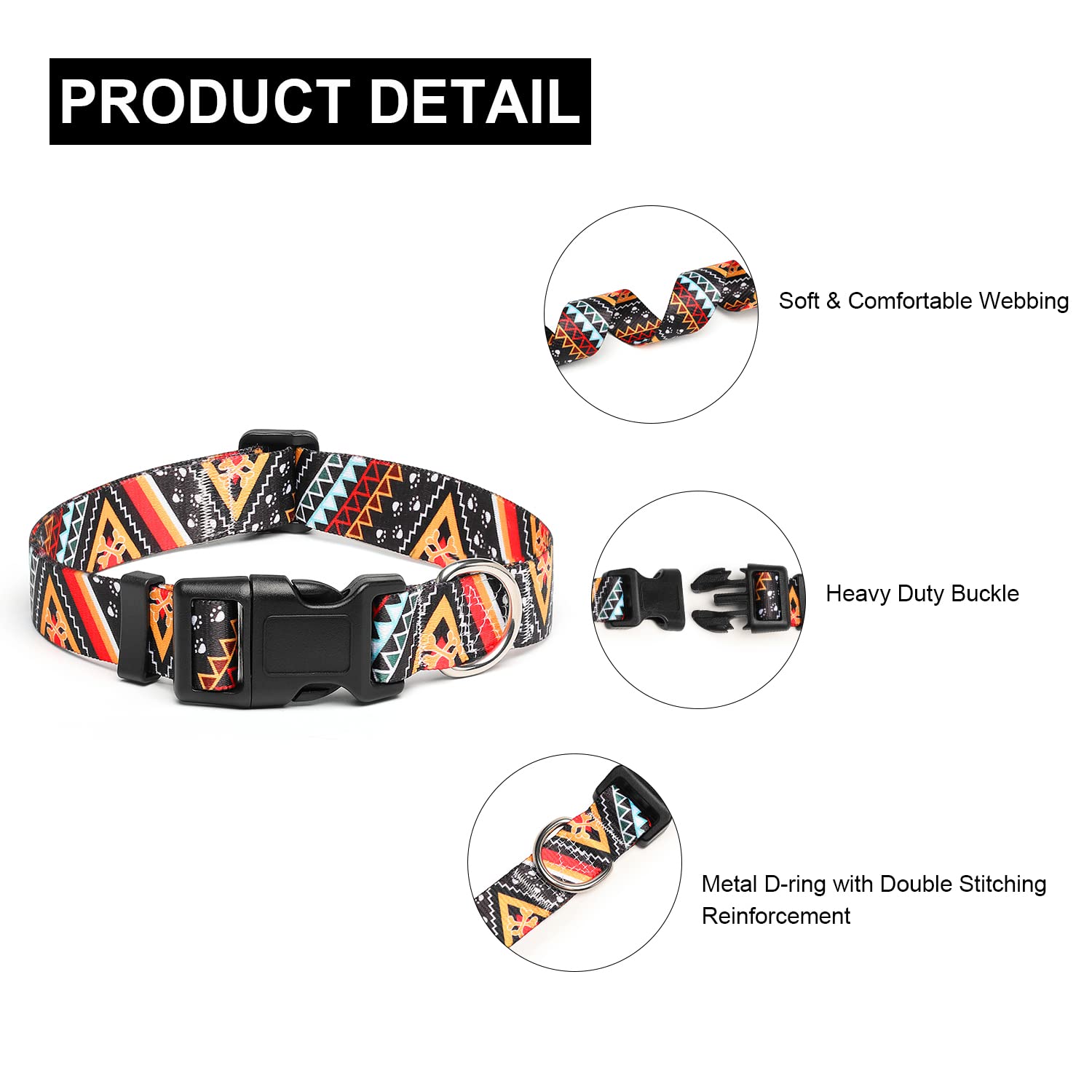 Mercano Adjustable Dog Collar - Special Design Patterns, Soft Nylon Comfortable Durable Pet Collar For Small Medium Large Dogs (S, Ethnic Gold)