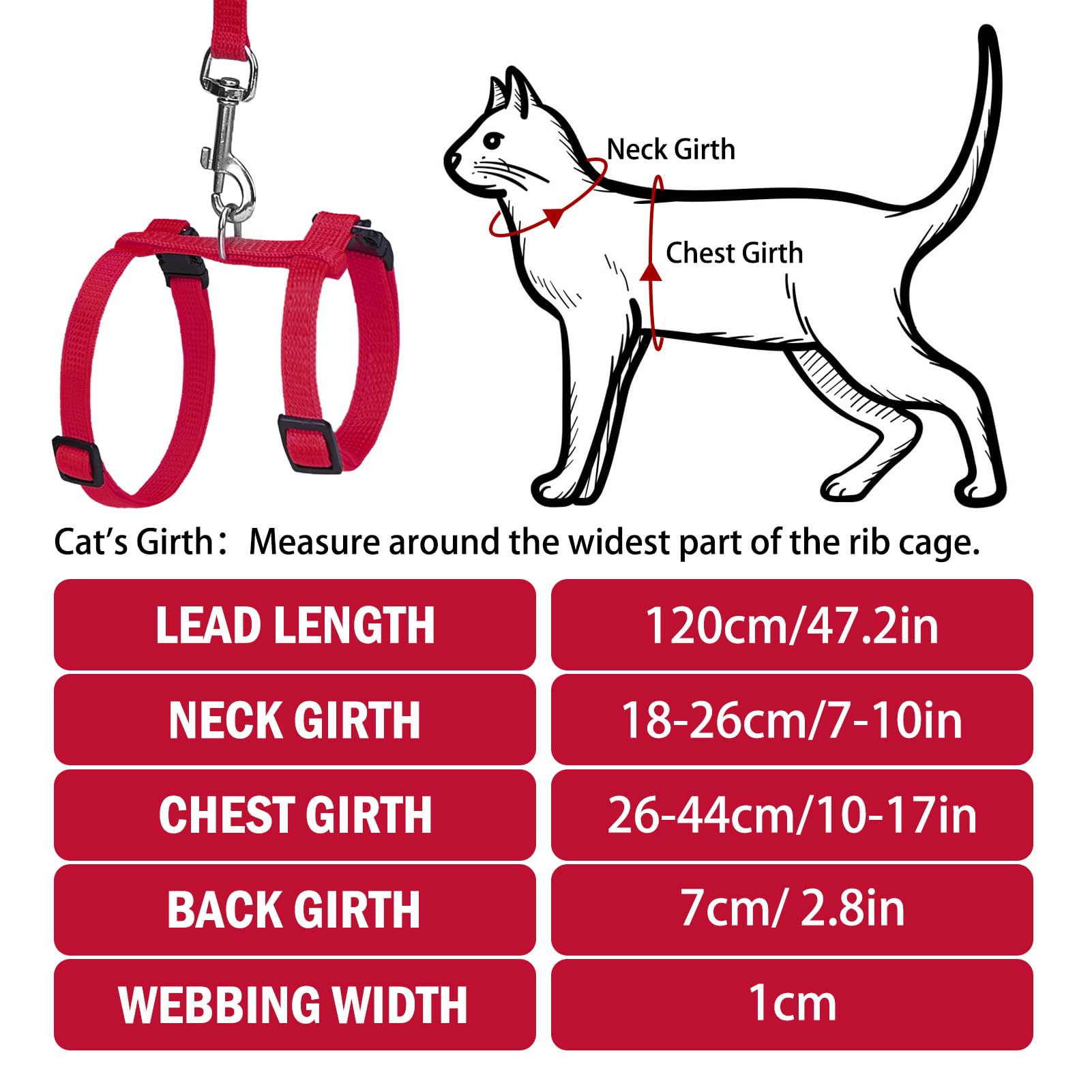 Pupteck Adjustable Cat Harness And Leash Set Escape Proof Kitten Strap Collar For Walking Travel, Red