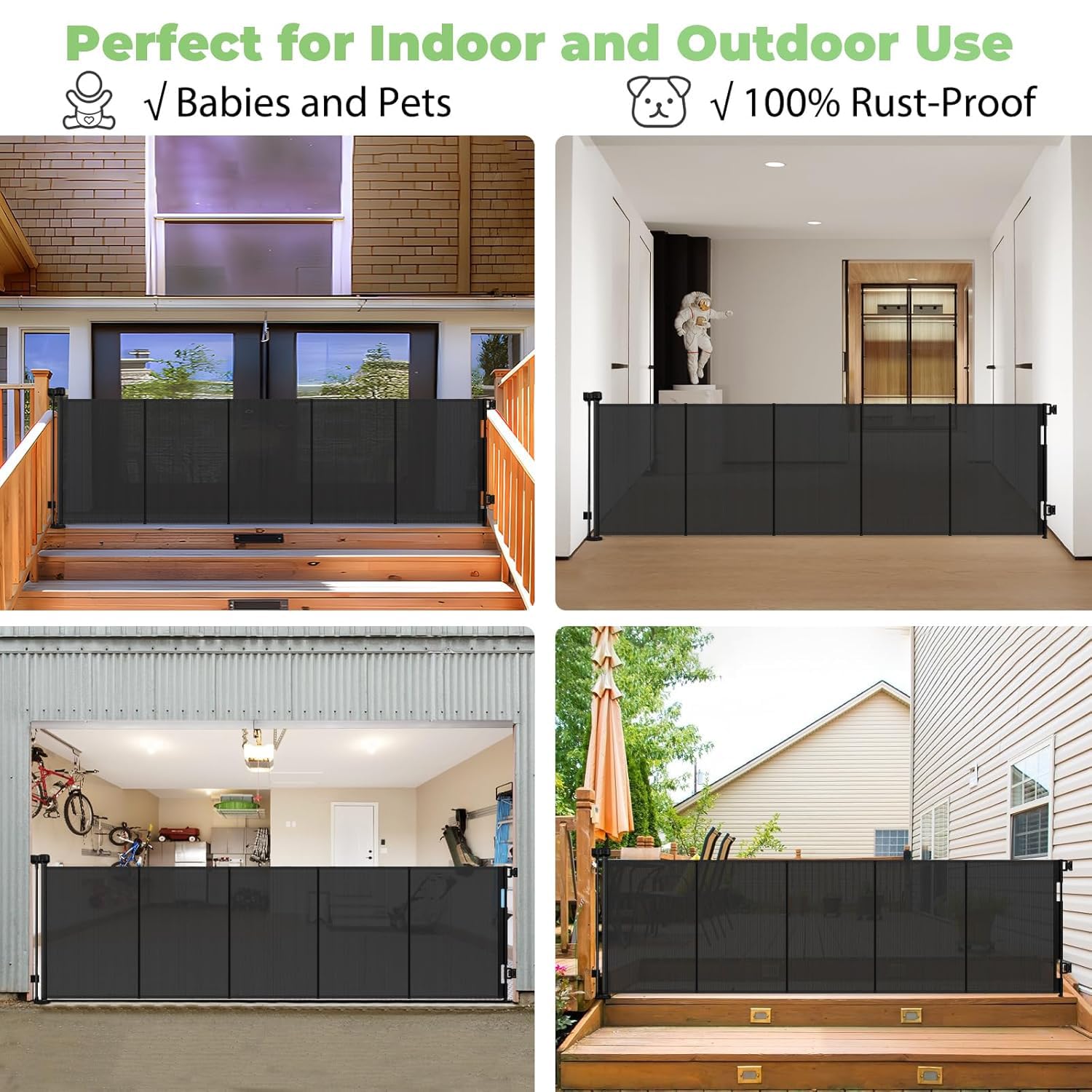 Reinforced 120 Inch Retractable Baby Gates Extra Wide Dog Gate with Support Rods - Prevent Crawling Under, 10 Feet Extra Long Ba