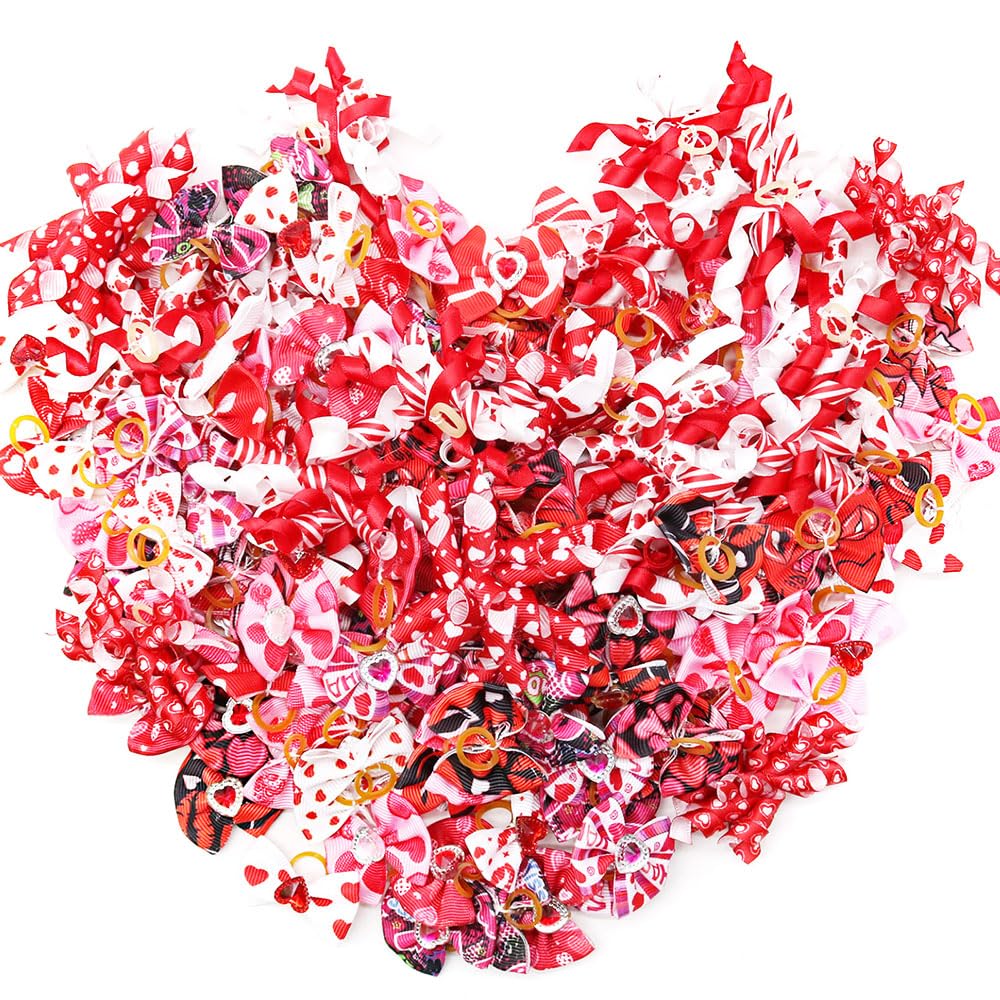 60Pcs Dog Bows With Rubber Bands Love Heart Dog Bowknot Hair Bows Red Pink Puppytopknot Bows For Day Doggie Cat Bunny Yorkie Pet