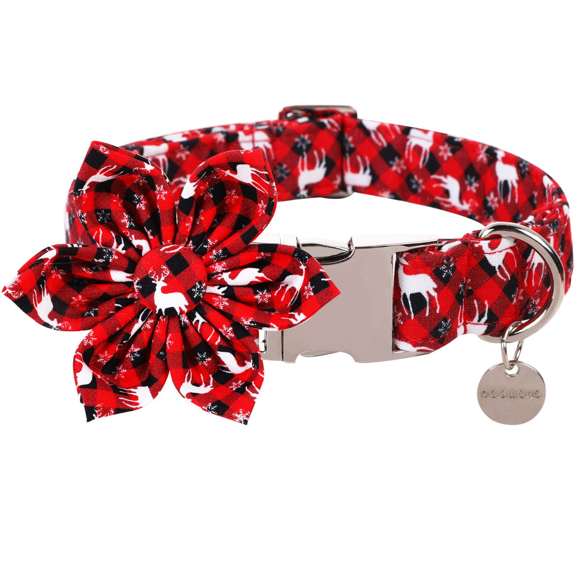 Dogwong Christmas Dog Collar With Flower, Red Plaid Deer Dog Collar Soft Durable Adjustable Cotton Puppy Collar For Small Medium