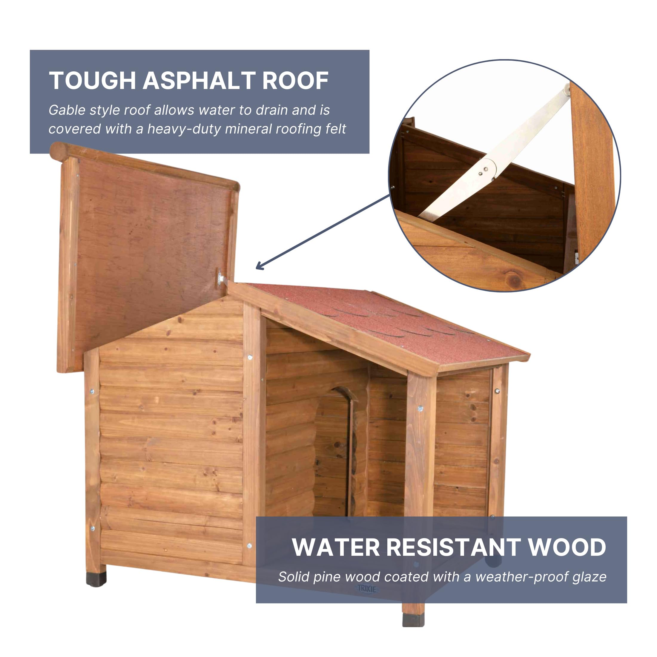 Trixie Natura Lodge Dog House – Small Outdoor Dog House With Hinged Roof & Weatherproof Sealer, Wooden Dog House With Adjustable Legs For Small Dogs – 35.5 X 39.5 X 32.5 In