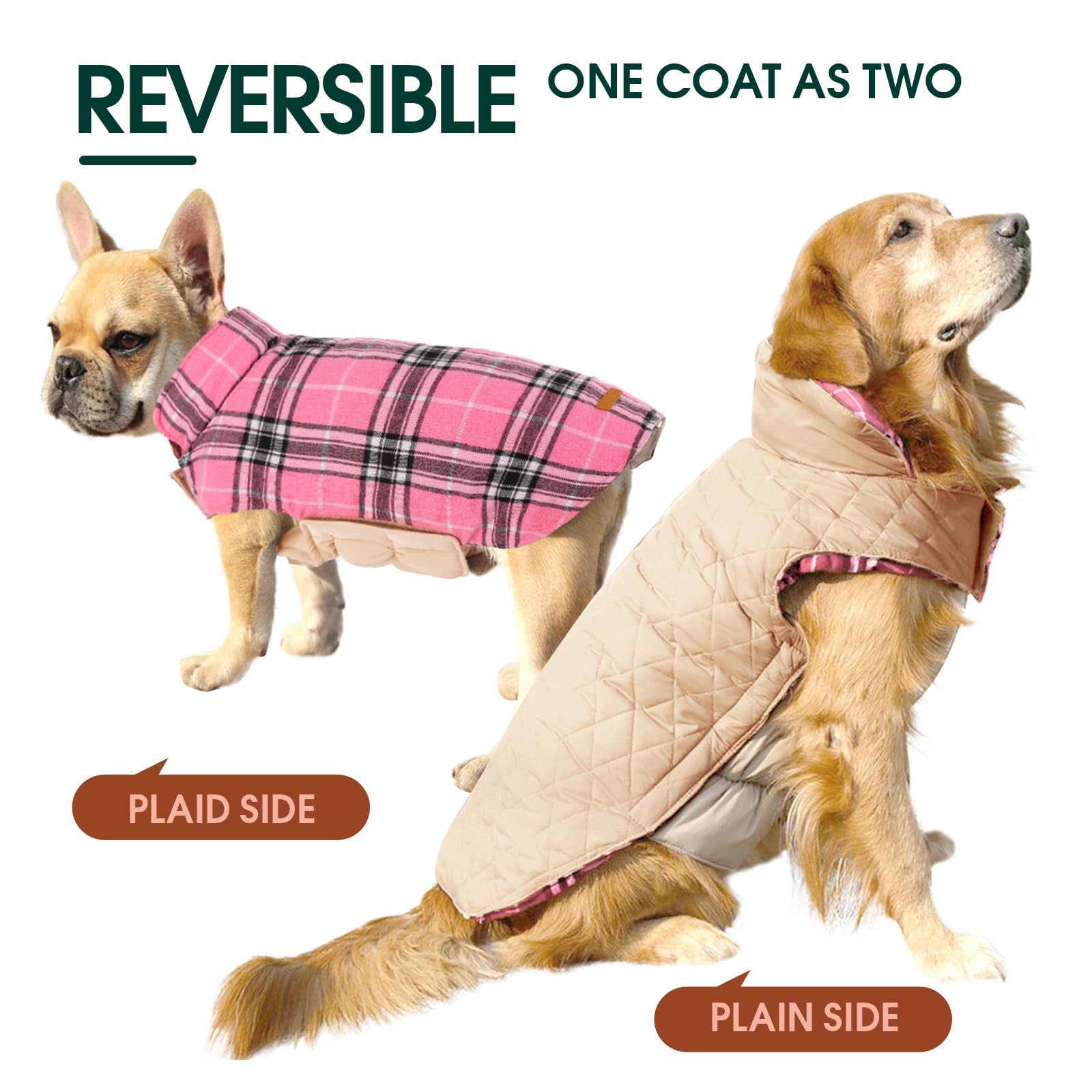 Kuoser Reversible Dog Coat, Waterproof Winter Jacket, 2X-Large, Pink, Plaid Style for Small Medium Large Dogs