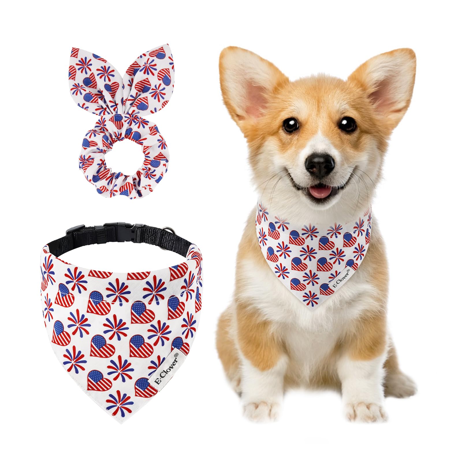 E-Clover 4Th Of July Dog Collar - American Flag Patriotic Dog Collars Bandana & Matching Scrunchie Adjustable Dogs Collars For X