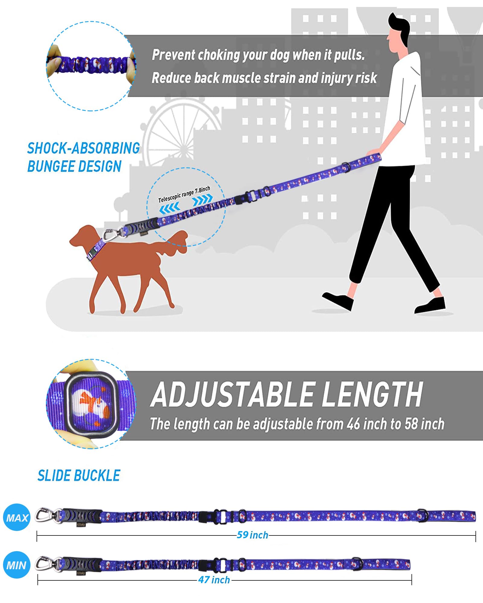 Hotsky Christmas Dog Leash Heavy Duty, Tactical Bungee Dog Leash With Car Seat Belt And Dual Handle For Medium Large Dogs, 4-6Ft Adjustable Shock Absorbing Strong Dog Leash For Training,Sapphire Blue