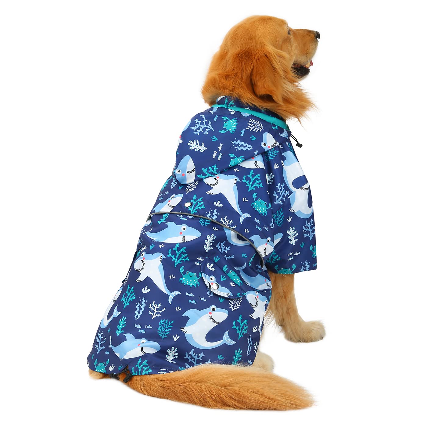 Hde Dog Raincoat Double Layer Zip Rain Jacket With Hood For Small To Large Dogs Sharks - 2Xl