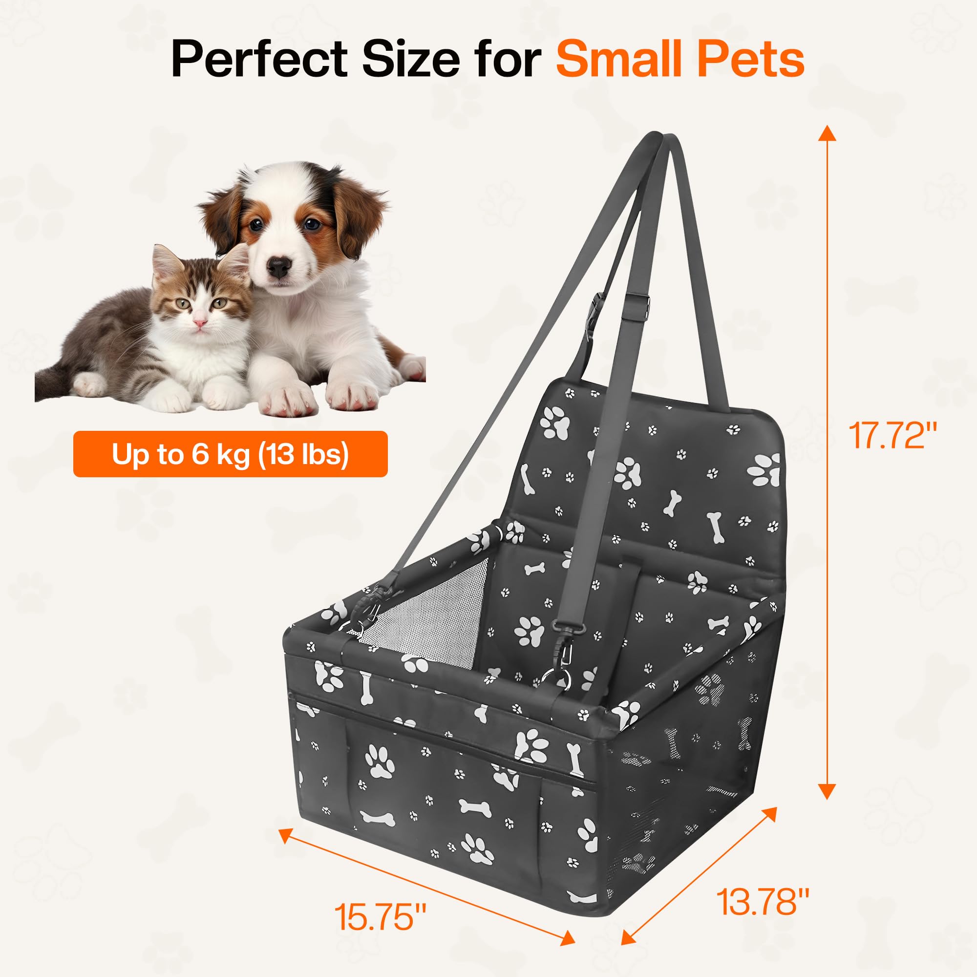 Dog Car Seat for Small/Medium Dogs up to 20 lbs, Portable Pet Travel Seat with Safety Belts & Storage Pockets, Waterproof & Scra