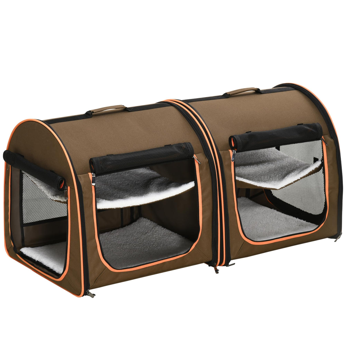 Pawhut 39' Portable Soft-Sided Cat Carrier, Travel Pet Carrier With Divider, Two Compartments, Soft Cushions, & Storage Bag, Brown