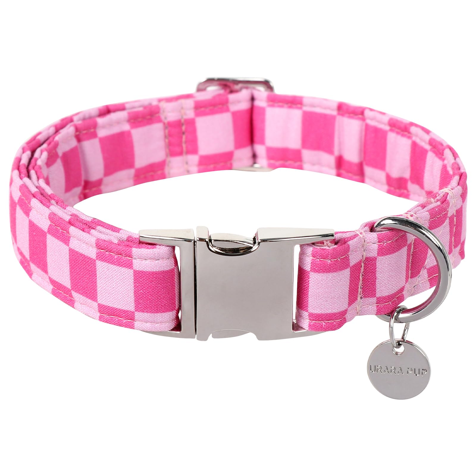 Up Urara Pup Dog Collar For Summer,Cute Pink Plaid Dog Collar,Cotton Puppy Collar With Adjustable Metal Buckle For Small,Medium,
