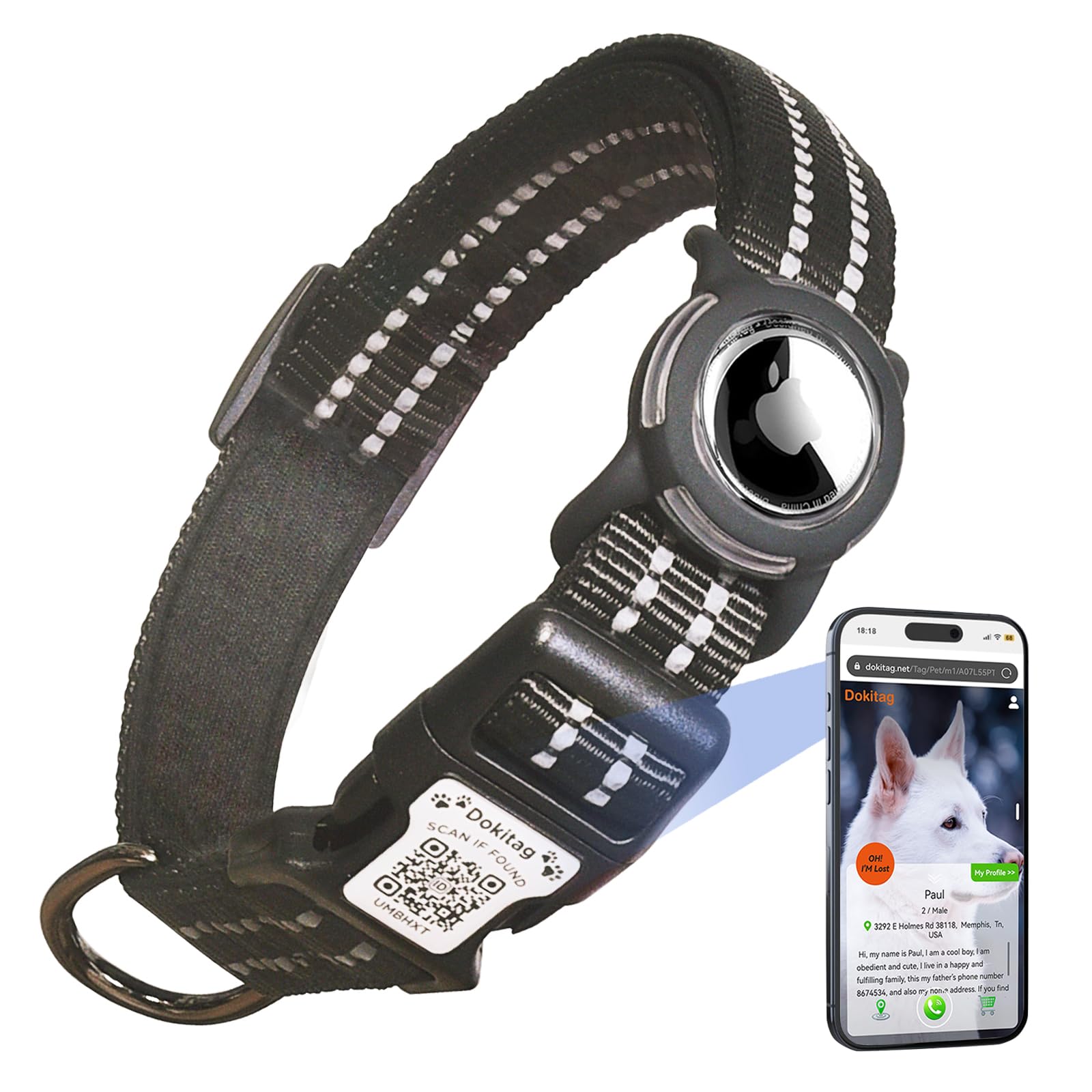 Dokitag Reflective Dog Collar With Apple Airtag Holder & Qr Code Pet Id Tag,Soft Nylon Adjustable Dog Tracker Collar With Safety