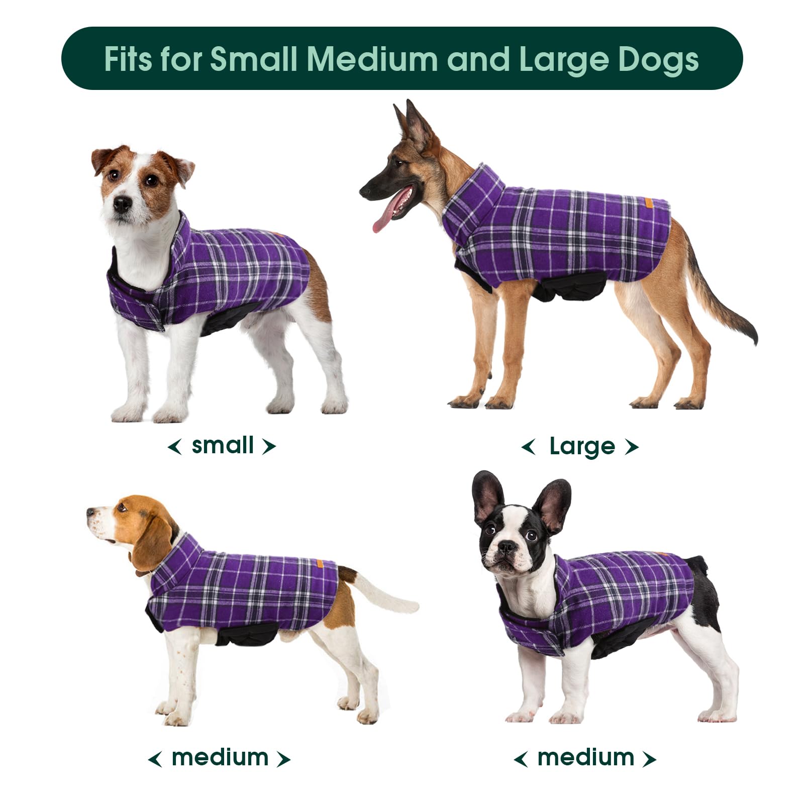 Kuoser Reversible Waterproof Winter Coat For Small, Medium And Large Dogs - Plaid Style With Cozy Vest For Cold Weather - Purple