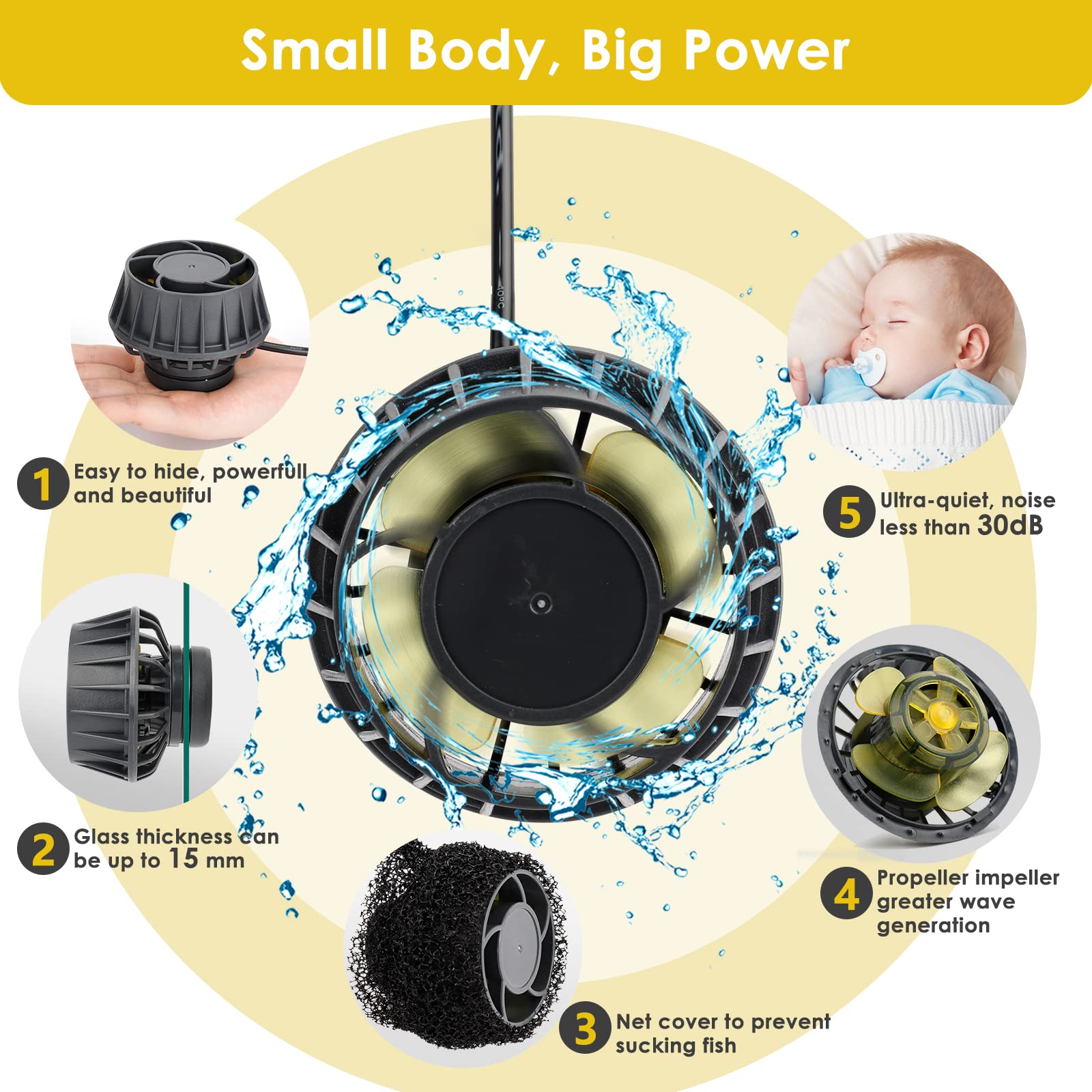 hygger 3400 GPH Aquarium Inverter Wavemaker Pump with LED Controller, DC 24V 18W Ultra-quiet Submersible Power Head with Magneti