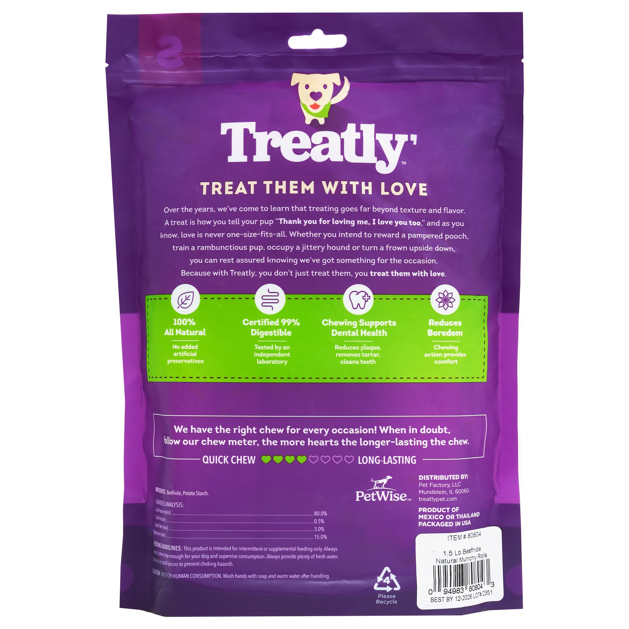 Treatly Beefhide Munchy Sticks 5 Dog Chew Treats - Natural Flavor, 1.5 lb/1 Pack