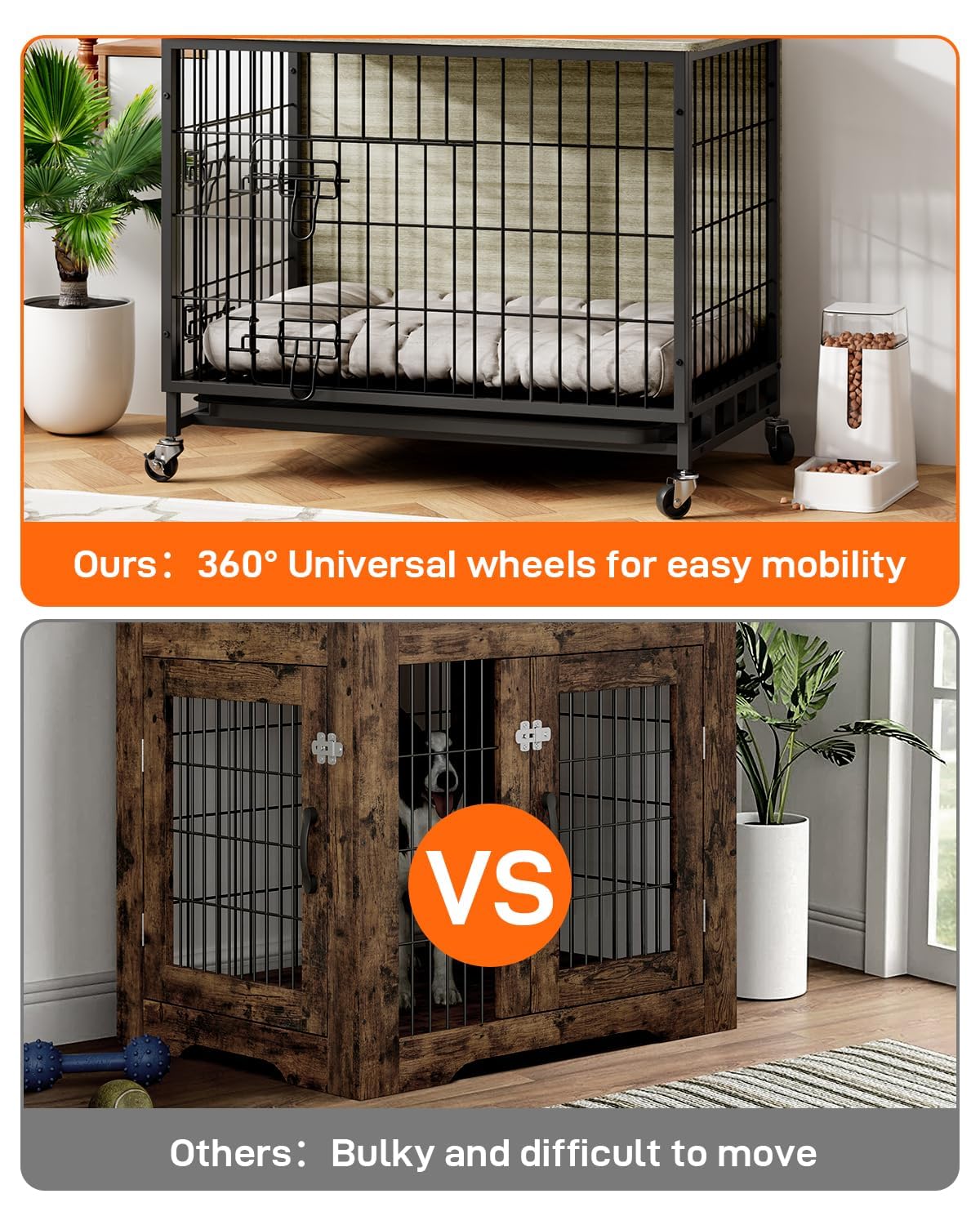 Dog Crate Furniture, 38 Dog Kennel End Table, Wooden Dog Cage with Wheels & Double Doors, Dog Crate Indoor Dog House for Large M