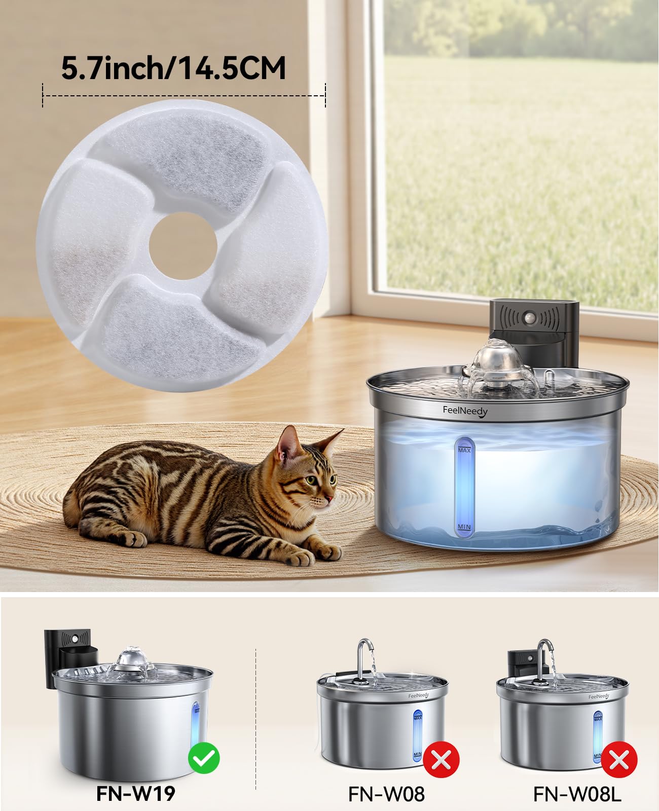 6 Pack Cat Water Fountain Filter & 6 Pack Pump Filter Sponges Replacement For [Fn-W19] - 6 Filters+1 Abs Shell+6 Sponges