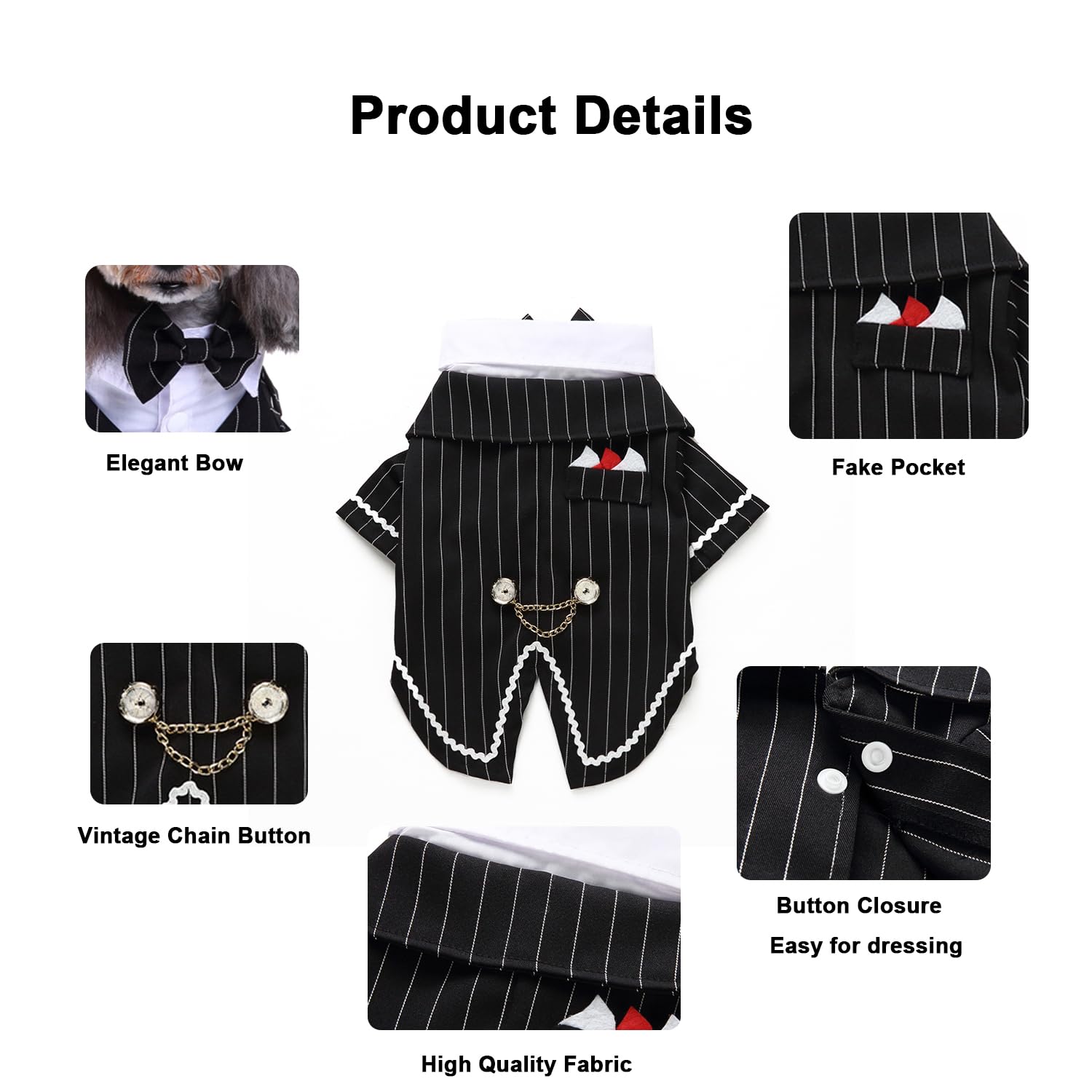 Gentleman Dog Shirt Puppy Pet Small Dog Clothes,Pet Suit Bow Tie Costume, Cat Wedding Shirt Formal Tuxedo With Black Tie, Dog Prince Wedding Bow Tie Suit (S, Black)