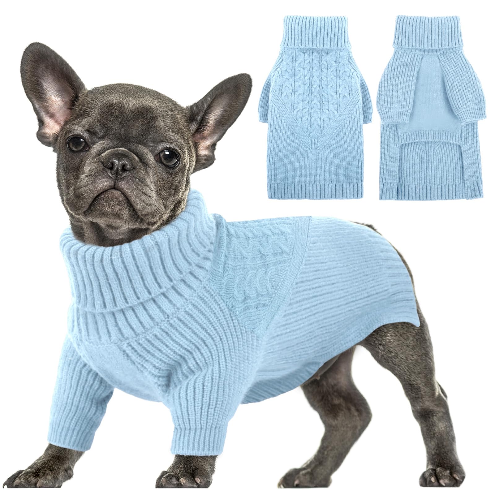 Queenmore Puppy Sweater - Warm Winter Dog Sweater For Small/Medium Dogs, Long Sleeves Turtleneck, Blue, Xs