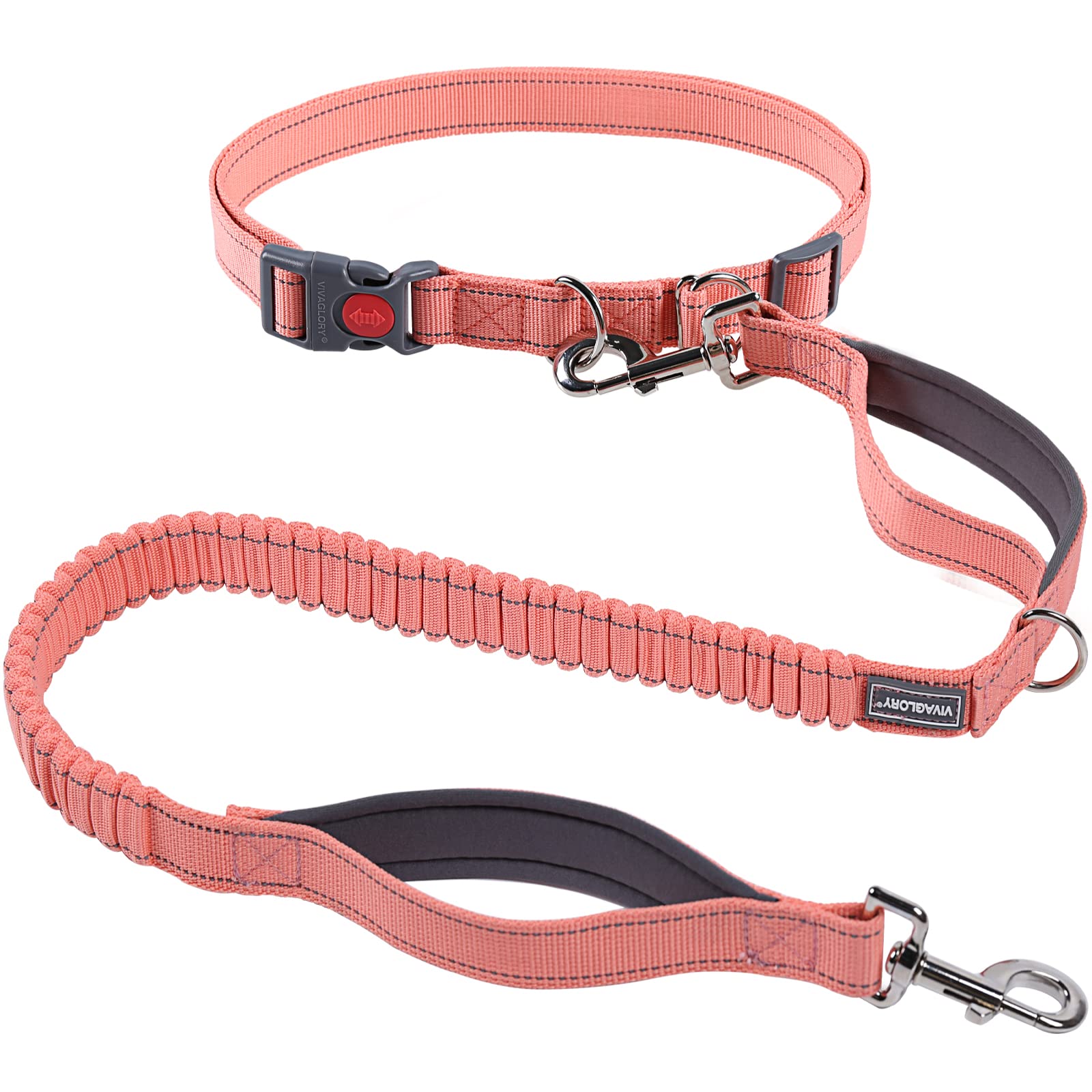 Vivaglory Hands Free Dog Leash With Shock-Absorbing Bungee For Medium & Large Dogs, Reflective Adjustable Waist Leash With Dual Padded Handle For Walking, Jogging, Running, Hiking, Pink-Grey