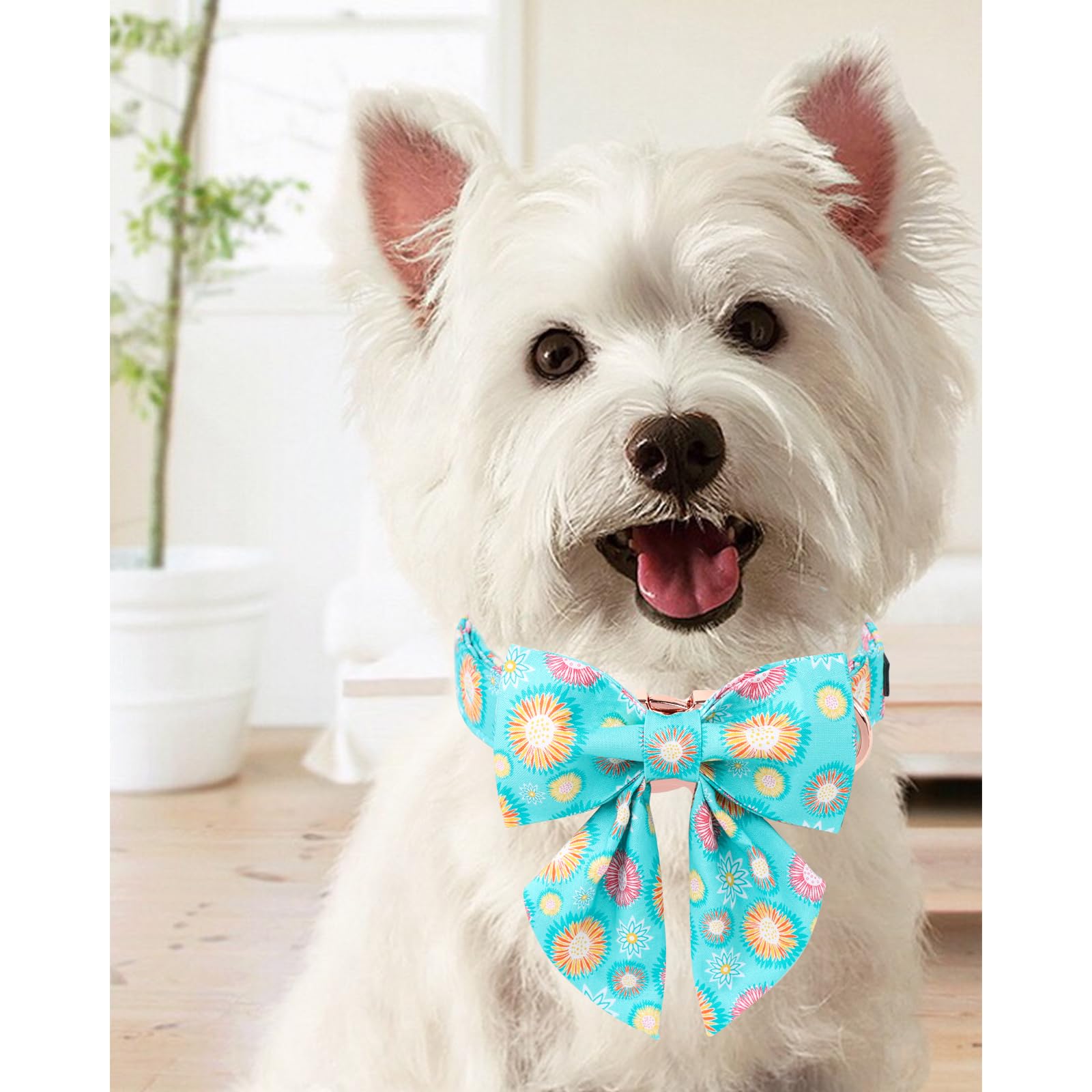 Unique Style Paws Blue Dog Collar With Bowtie, Cute Sunflower Dog Collars Adjustable Puppy Collar For Small,Medium,Large Dogs