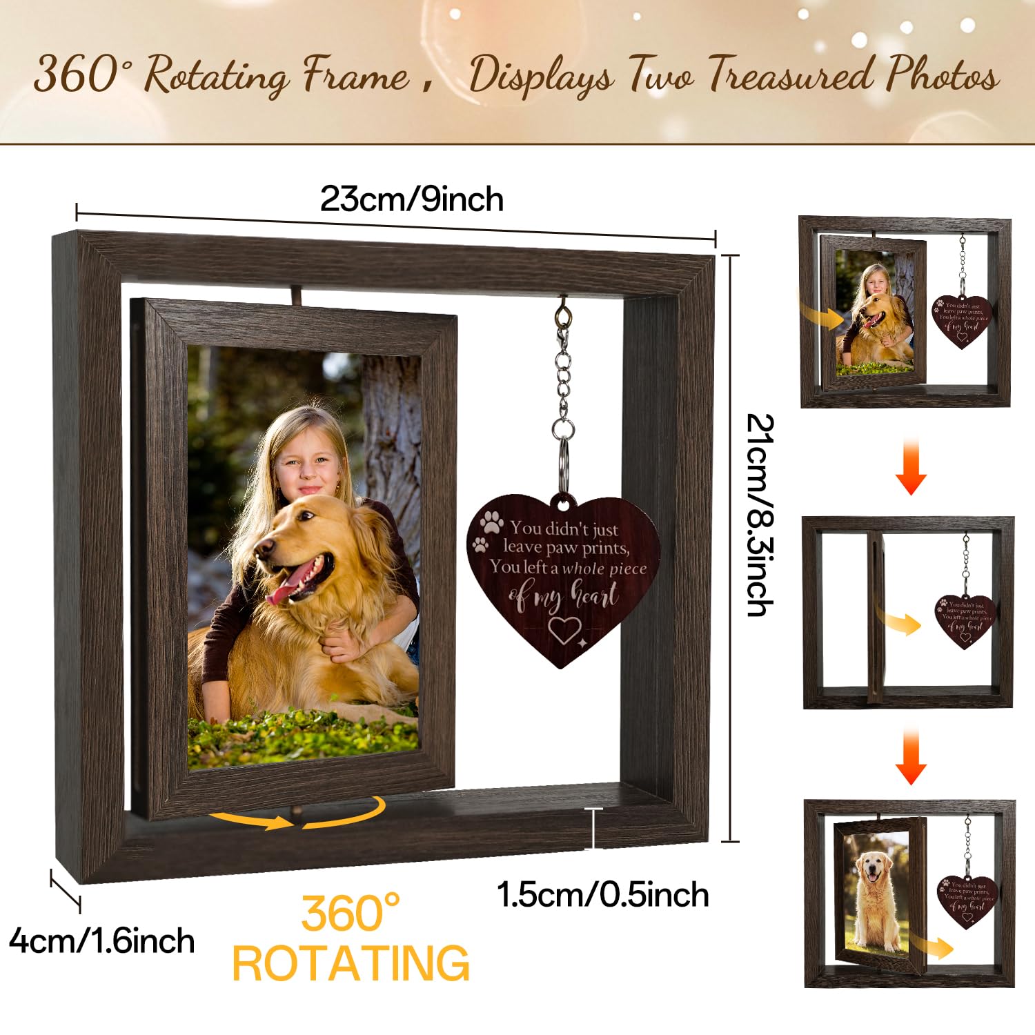 Gluimayo Pet Memorial Gift for Dogs and Cats - Rotating Wooden Picture Frame for 4x6 Photos - Loss of Dog Sympathy Gift, Pet Los