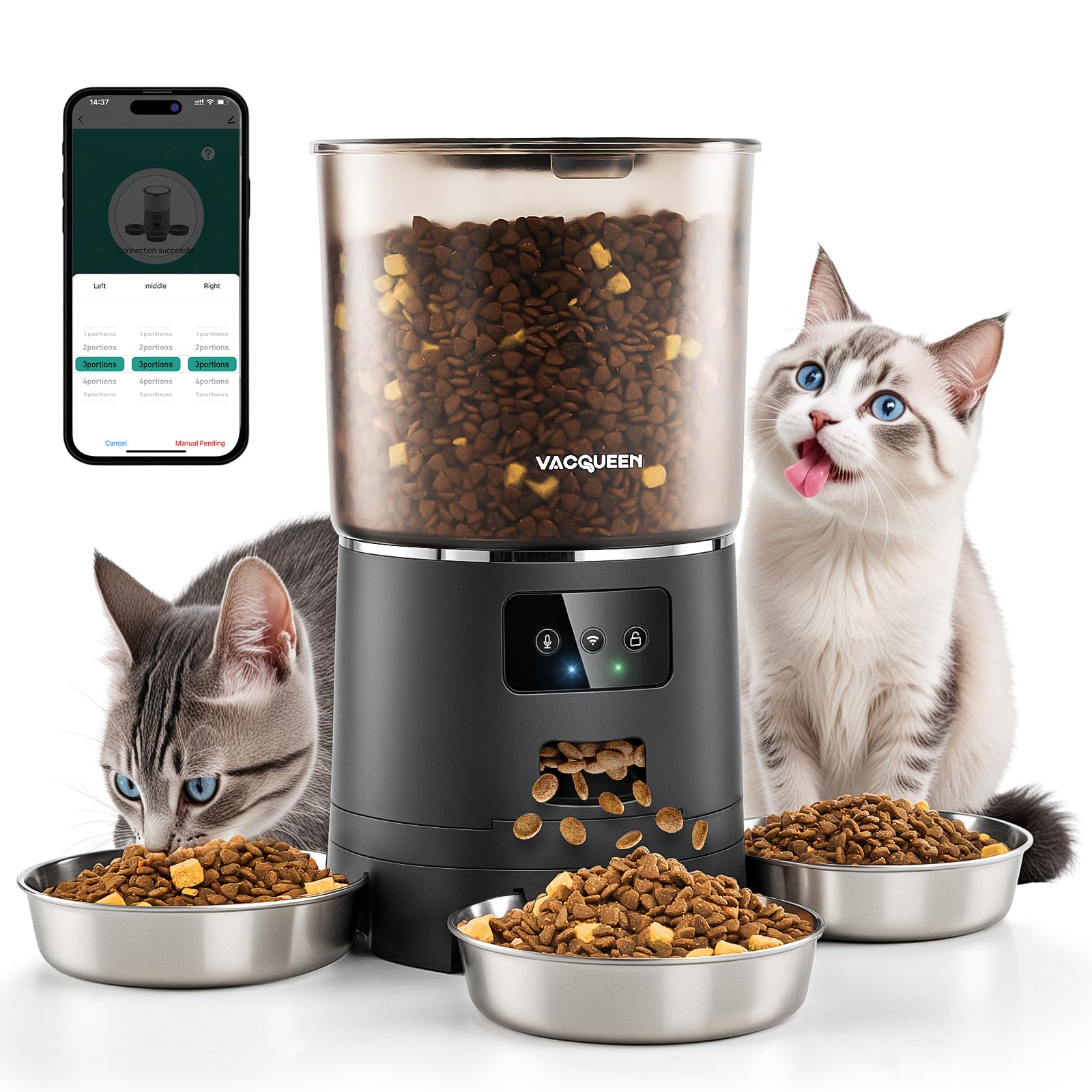 Vacqueen Automatic Cat Feeder for 3 Cats, 6L/25 Cups Smart WiFi Pet Feeder, Strong Anti-Jam System, Dual-Effect Desiccant Cat Fo